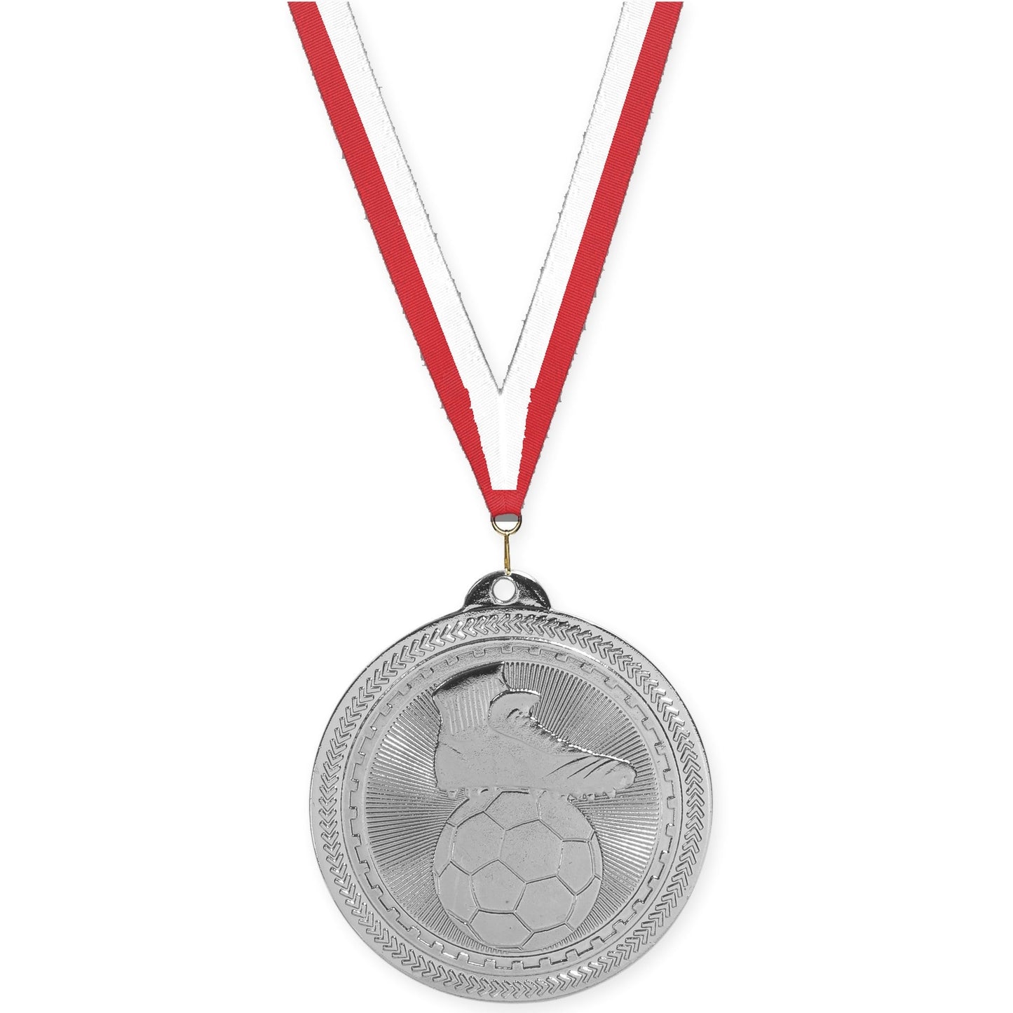 2 inch soccer medal in bright silver with Red White neck ribbon