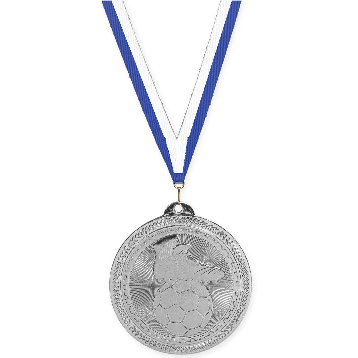 2 inch soccer medal in bright silver with Blue White neck ribbon