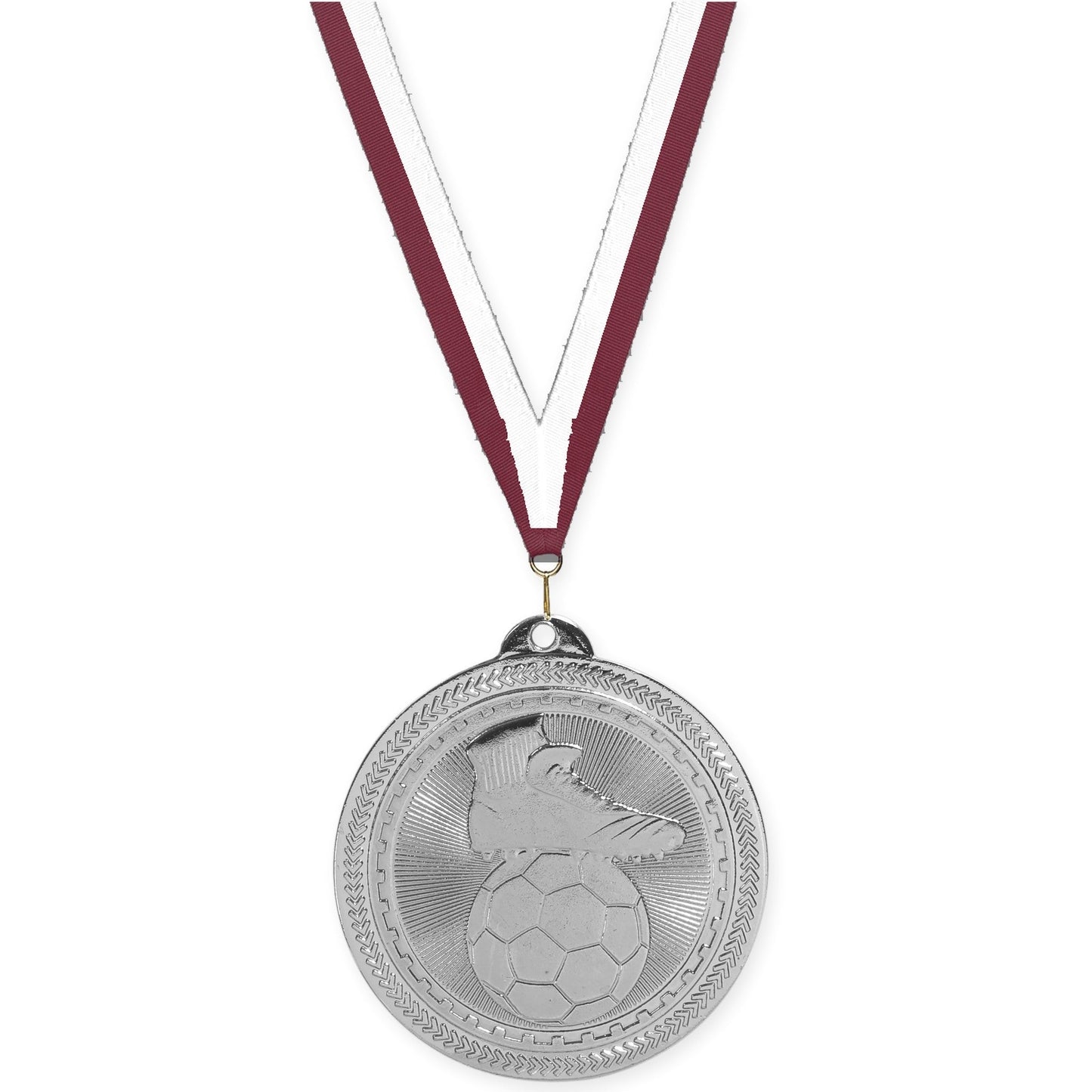 2 inch soccer medal in bright silver with Maroon White neck ribbon