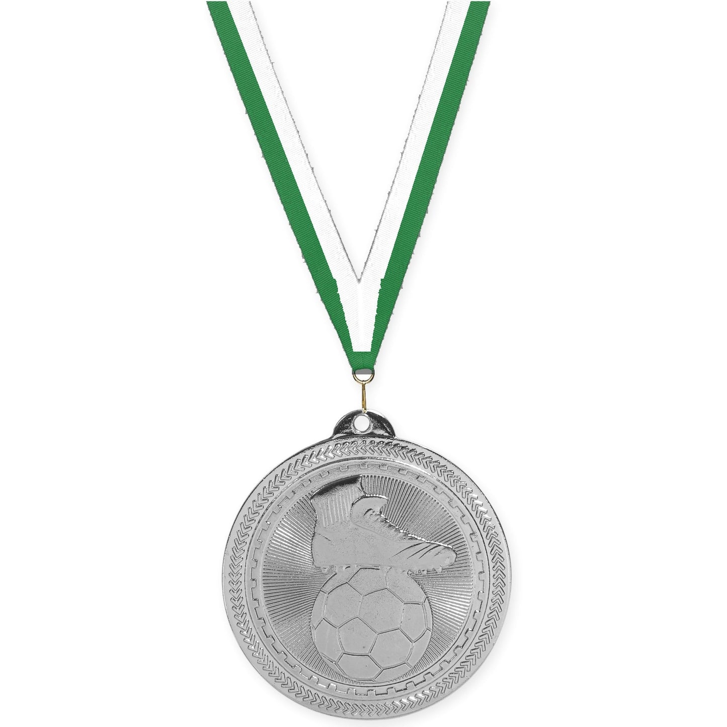 2 inch soccer medal in bright silver with Green White neck ribbon