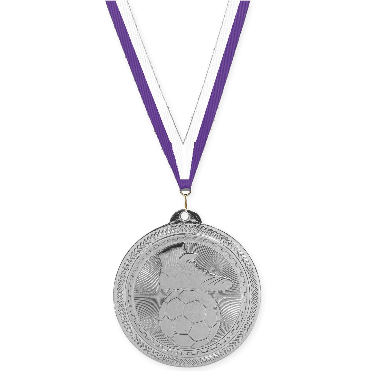 2 inch soccer medal in bright silver with Purple White neck ribbon