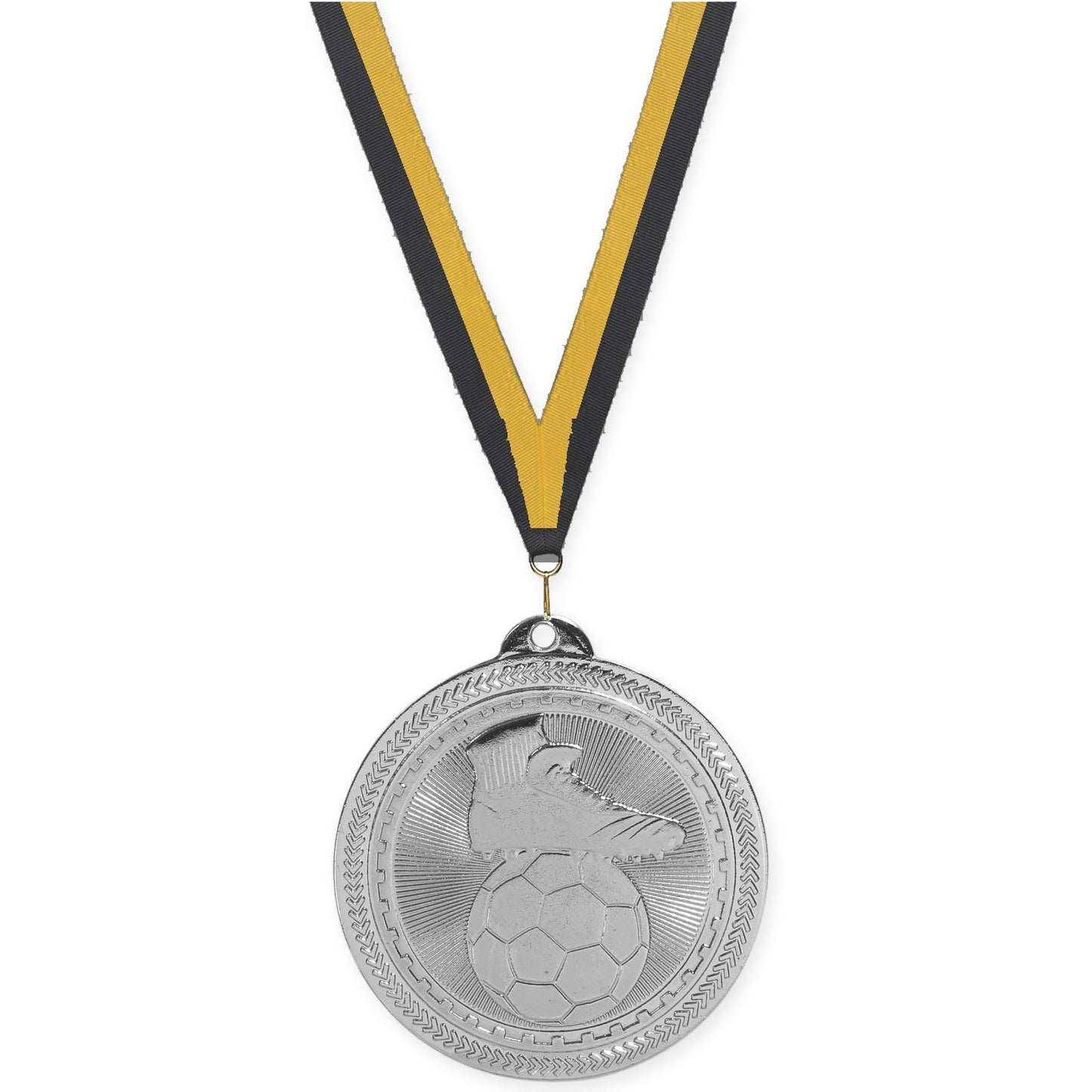 2 inch soccer medal in bright silver with Black Gold neck ribbon