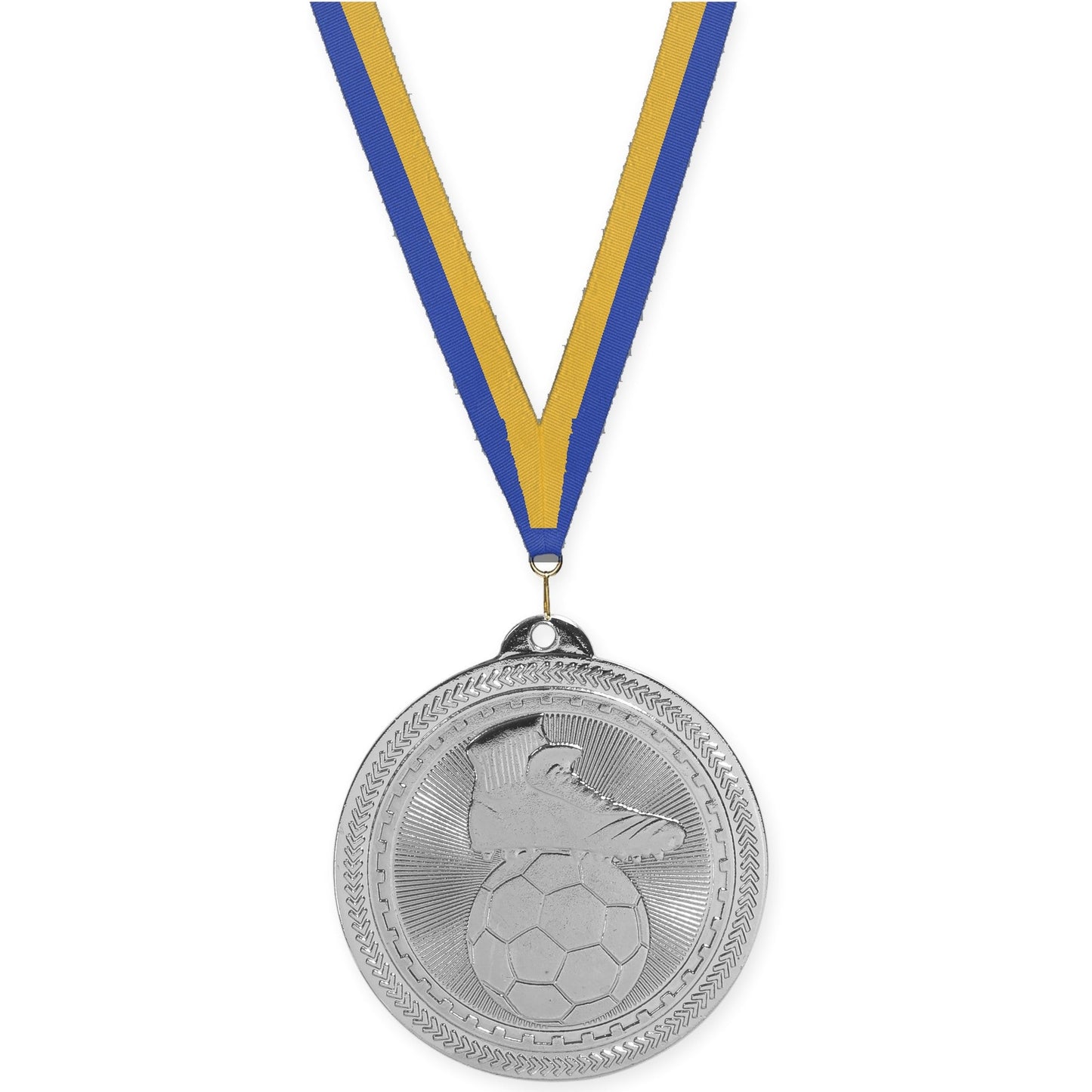 2 inch soccer medal in bright silver with Blue Gold neck ribbon
