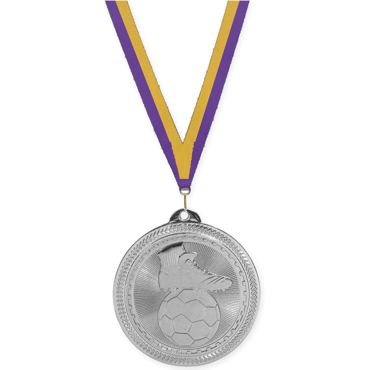 2 inch soccer medal in bright silver with Purple Gold neck ribbon