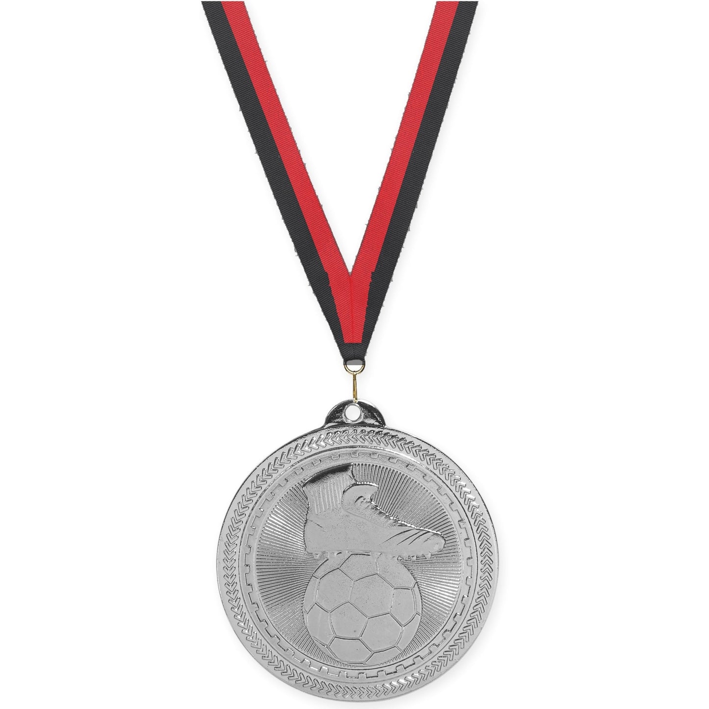 2 inch soccer medal in bright silver with Black Red neck ribbon