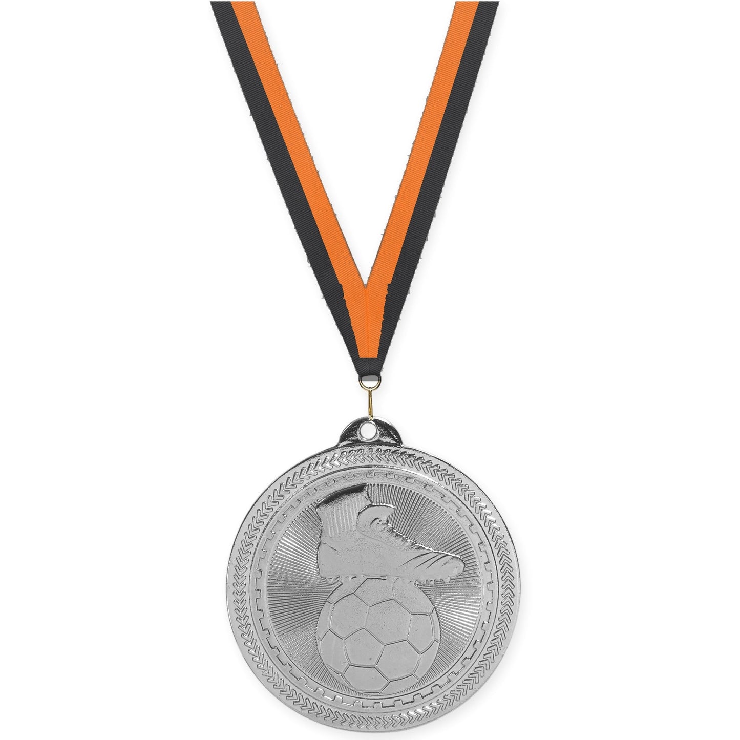 2 inch soccer medal in bright silver with Black Orange neck ribbon