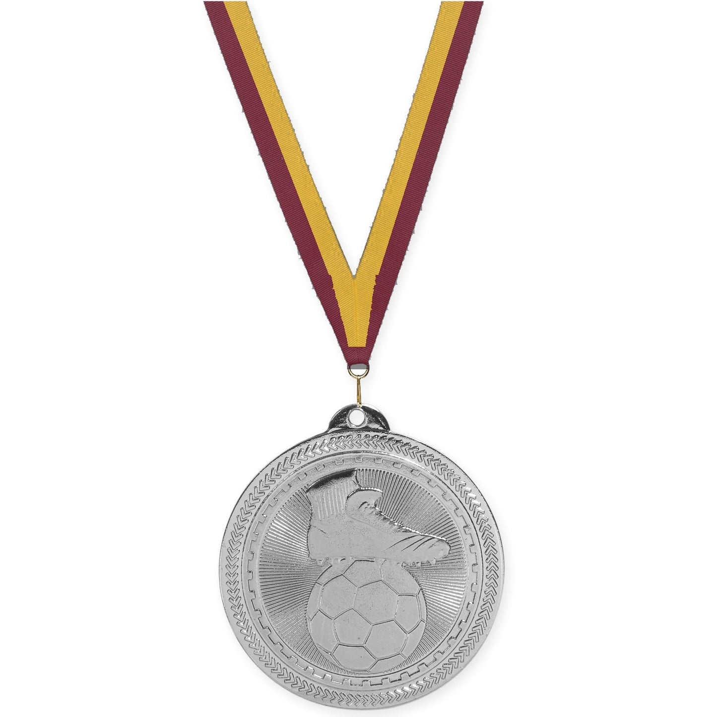 2 inch soccer medal in bright silver with Maroon Gold neck ribbon