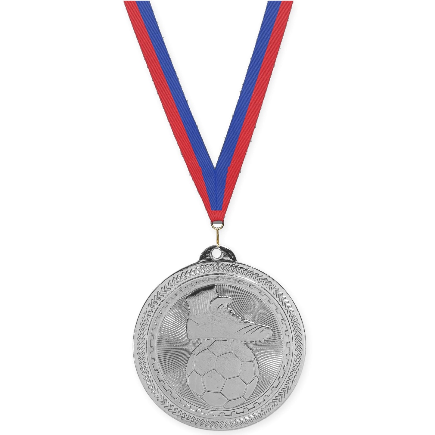 2 inch soccer medal in bright silver with Blue Red neck ribbon
