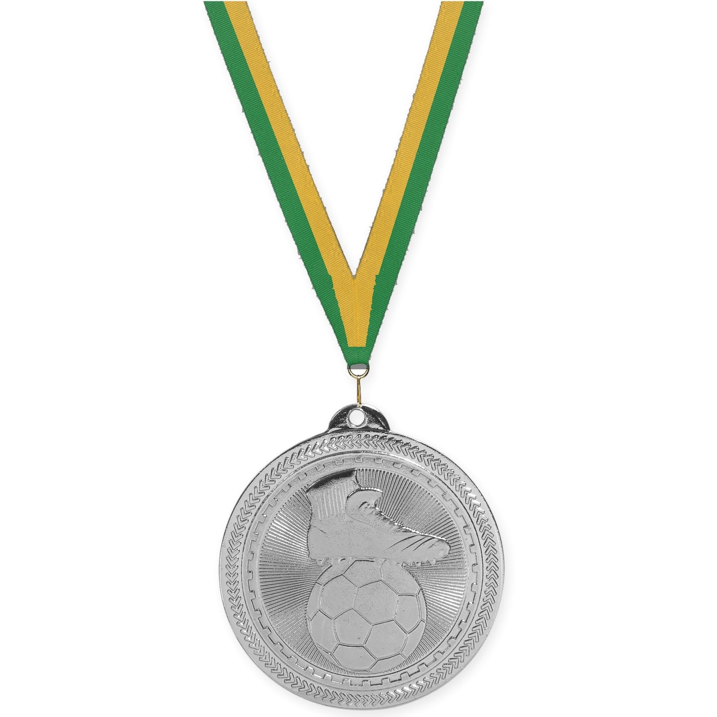 2 inch soccer medal in bright silver with Green Gold neck ribbon