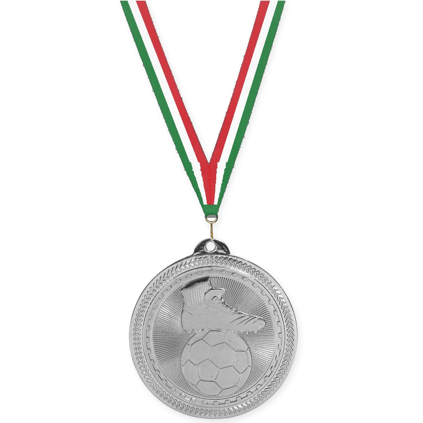 2 inch soccer medal in bright silver with Green White Red neck ribbon