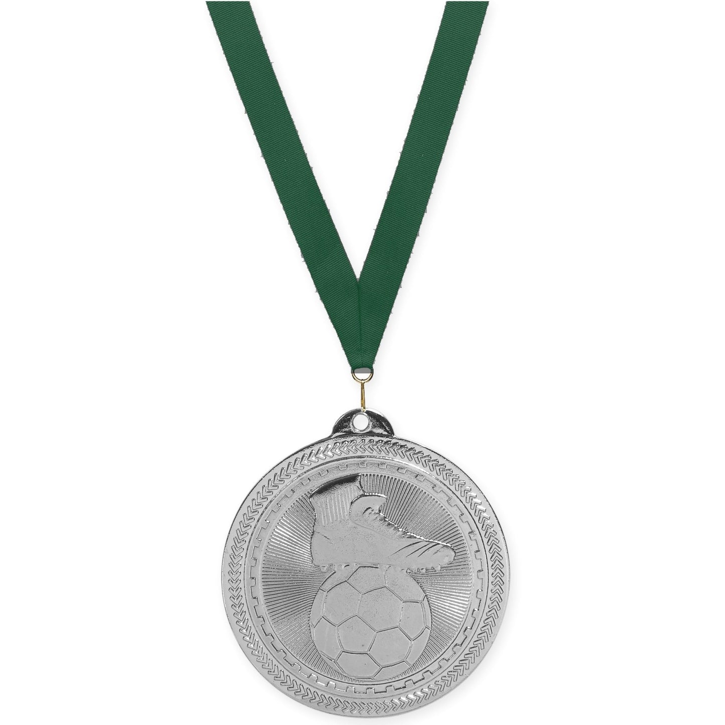 2 inch soccer medal in bright silver with Hunter Green neck ribbon