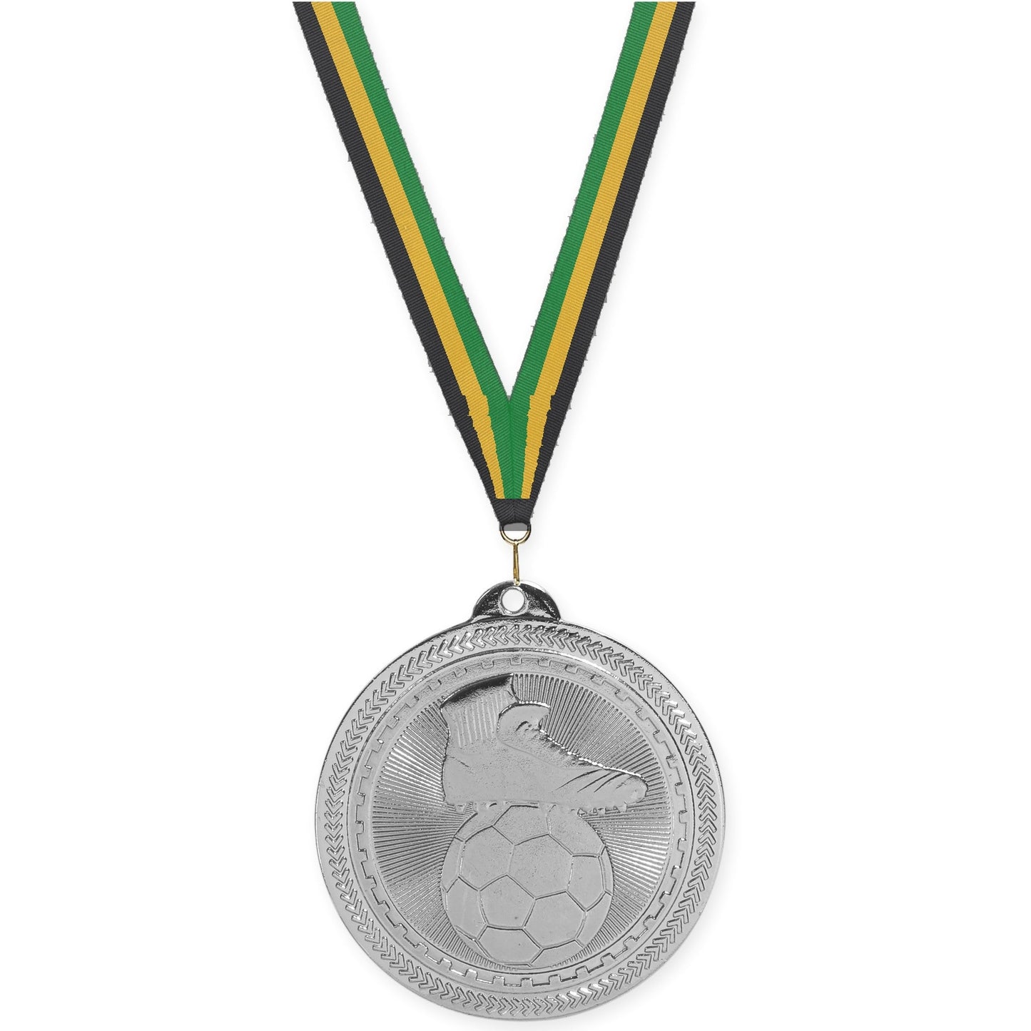 2 inch soccer medal in bright silver with Black Gold Green neck ribbon