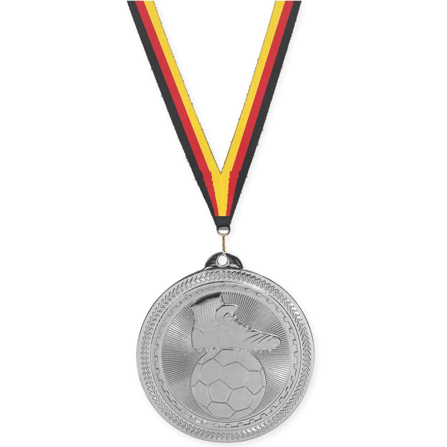 2 inch soccer medal in bright silver with Black Red Yellow neck ribbon