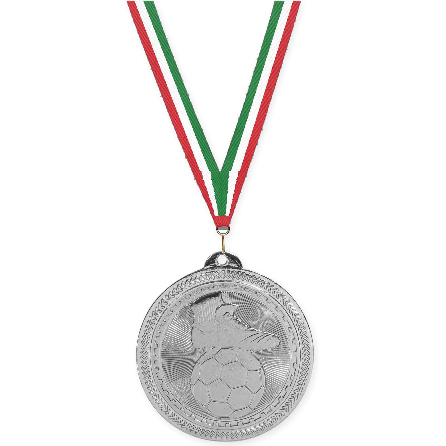 2 inch soccer medal in bright silver with Red White Green neck ribbon