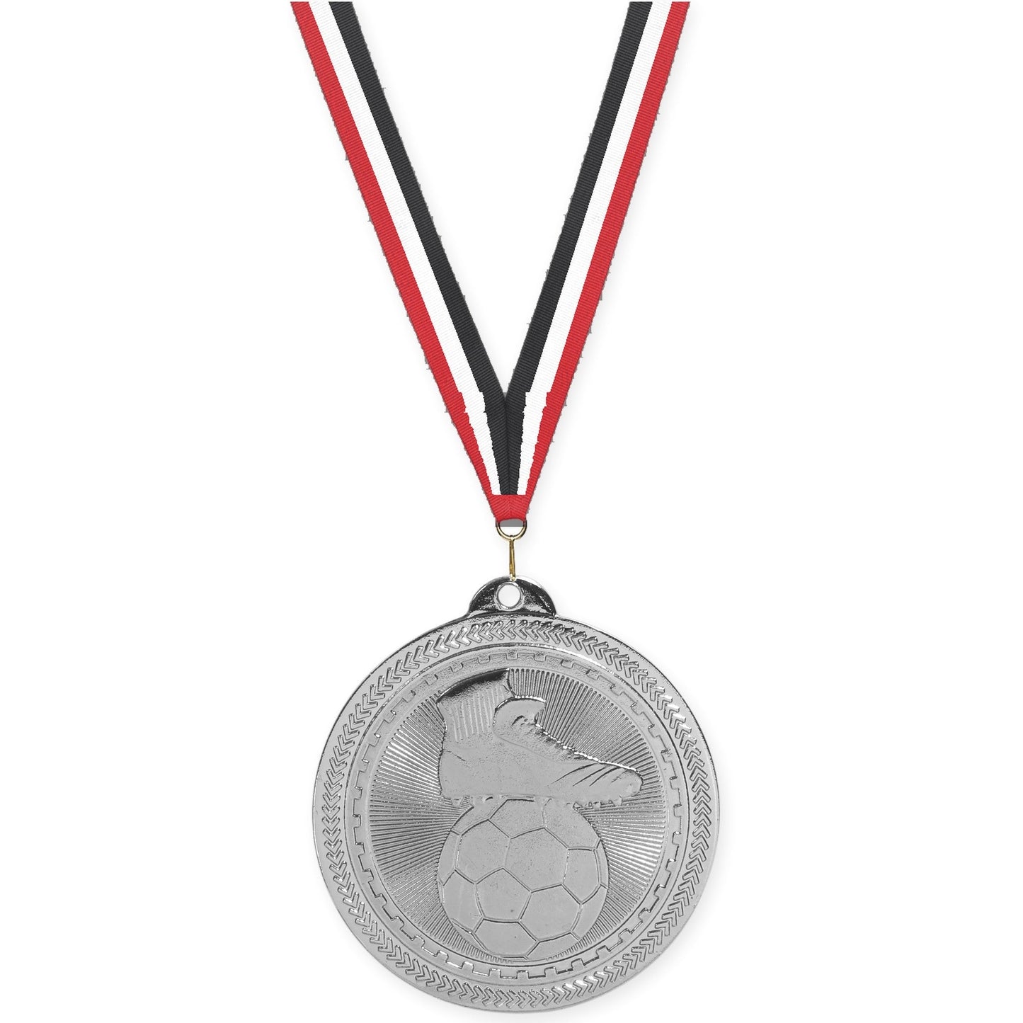 2 inch soccer medal in bright silver with Red White Black neck ribbon