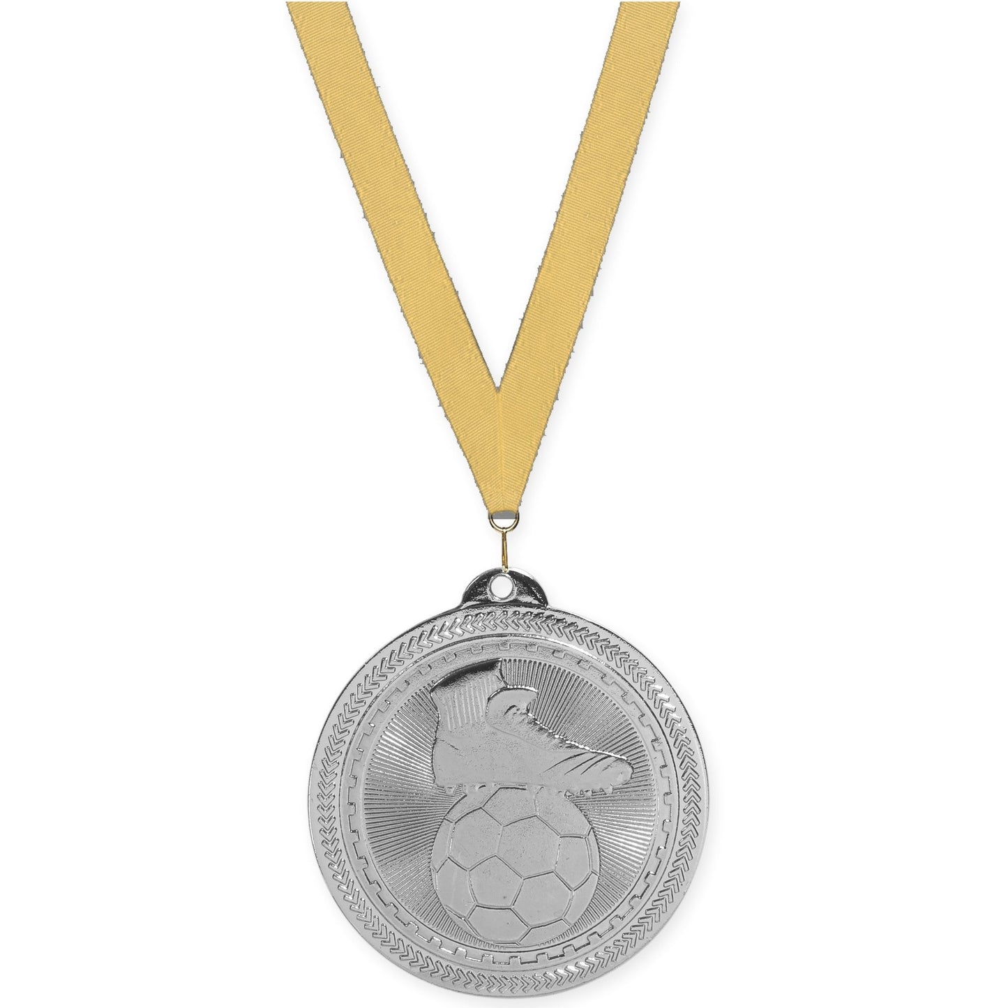 2 inch soccer medal in bright silver with Gold Metallic neck ribbon
