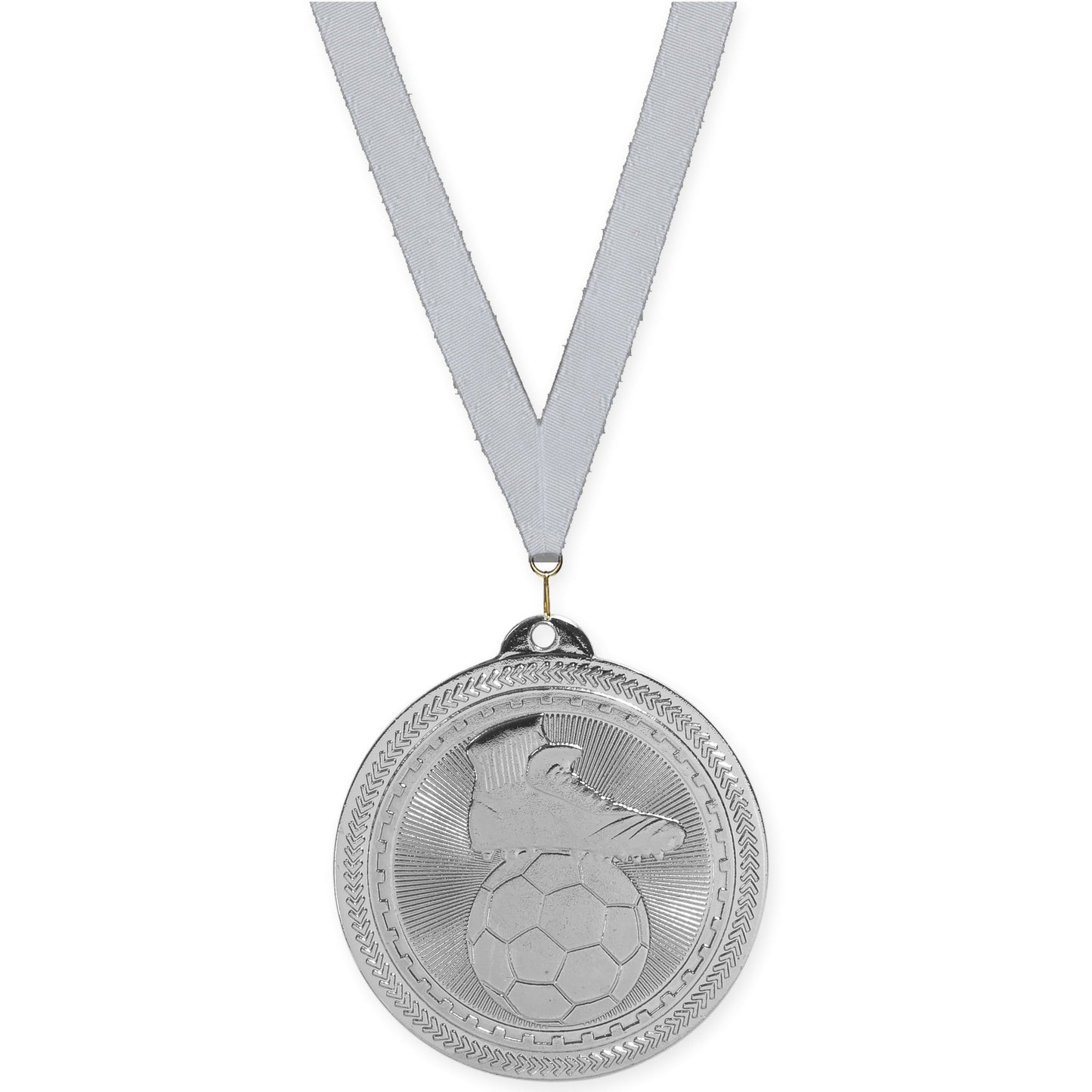 2 inch soccer medal in bright silver with Silver Metallic neck ribbon