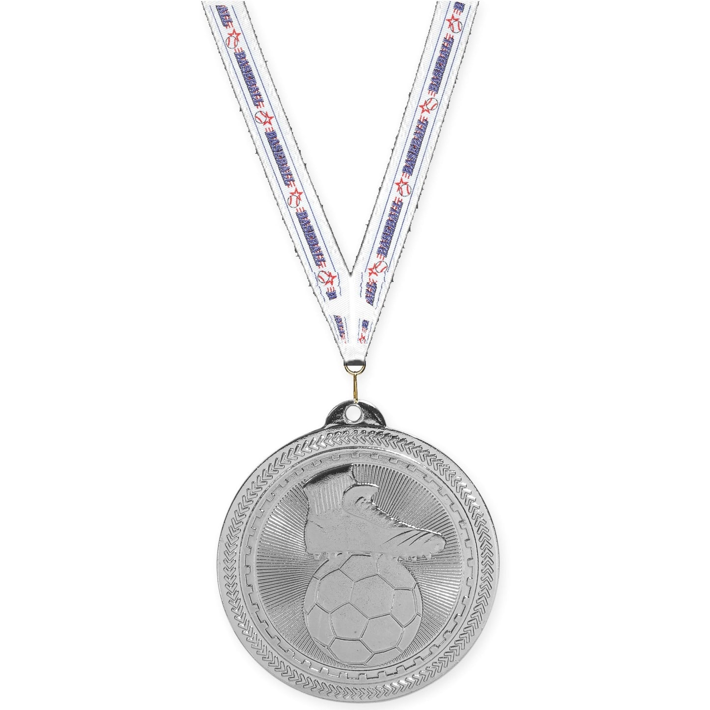 2 inch soccer medal in bright silver with Baseball neck ribbon