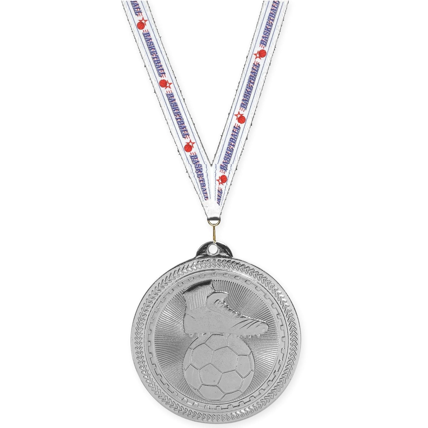 2 inch soccer medal in bright silver with Basketball neck ribbon