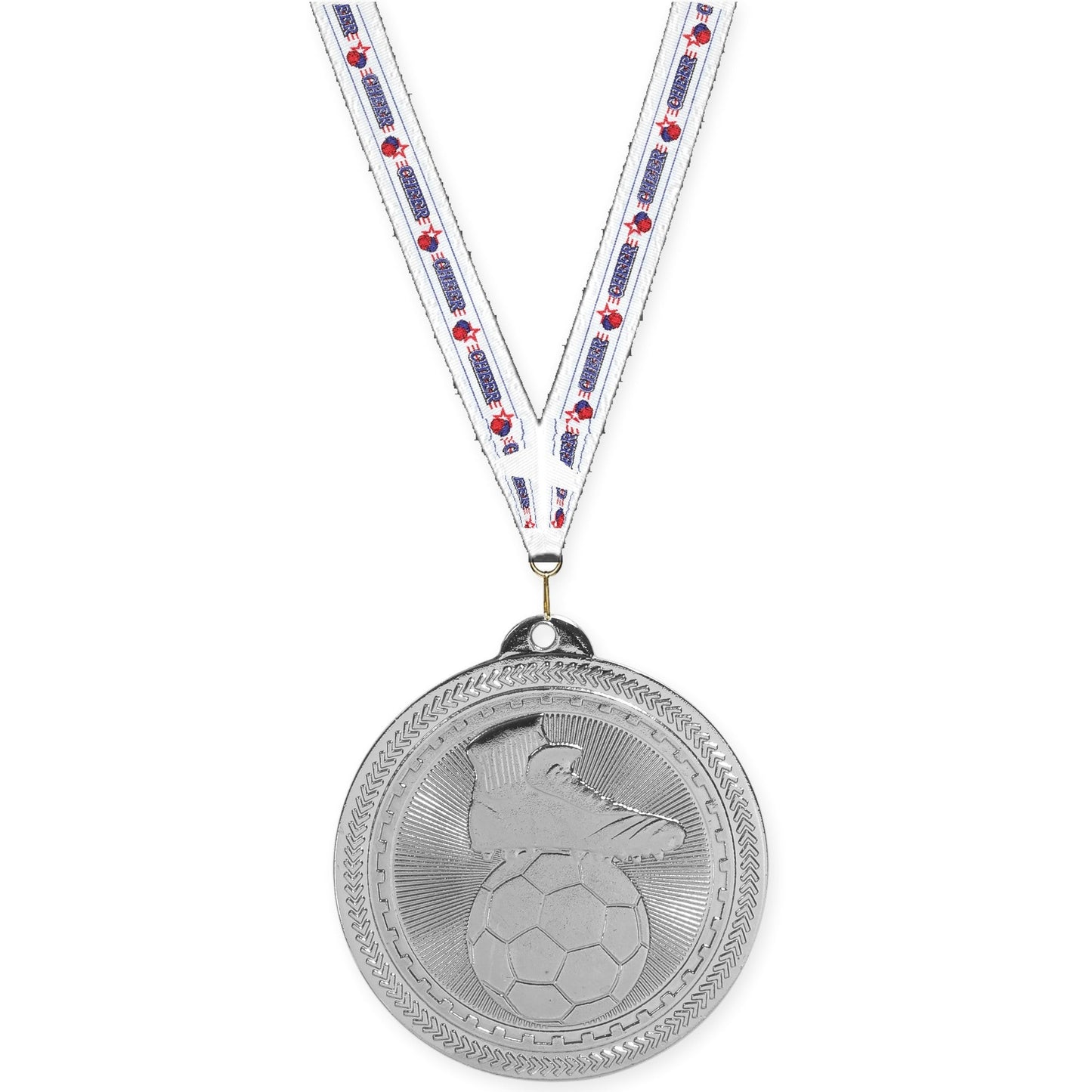 2 inch soccer medal in bright silver with Cheerleading neck ribbon