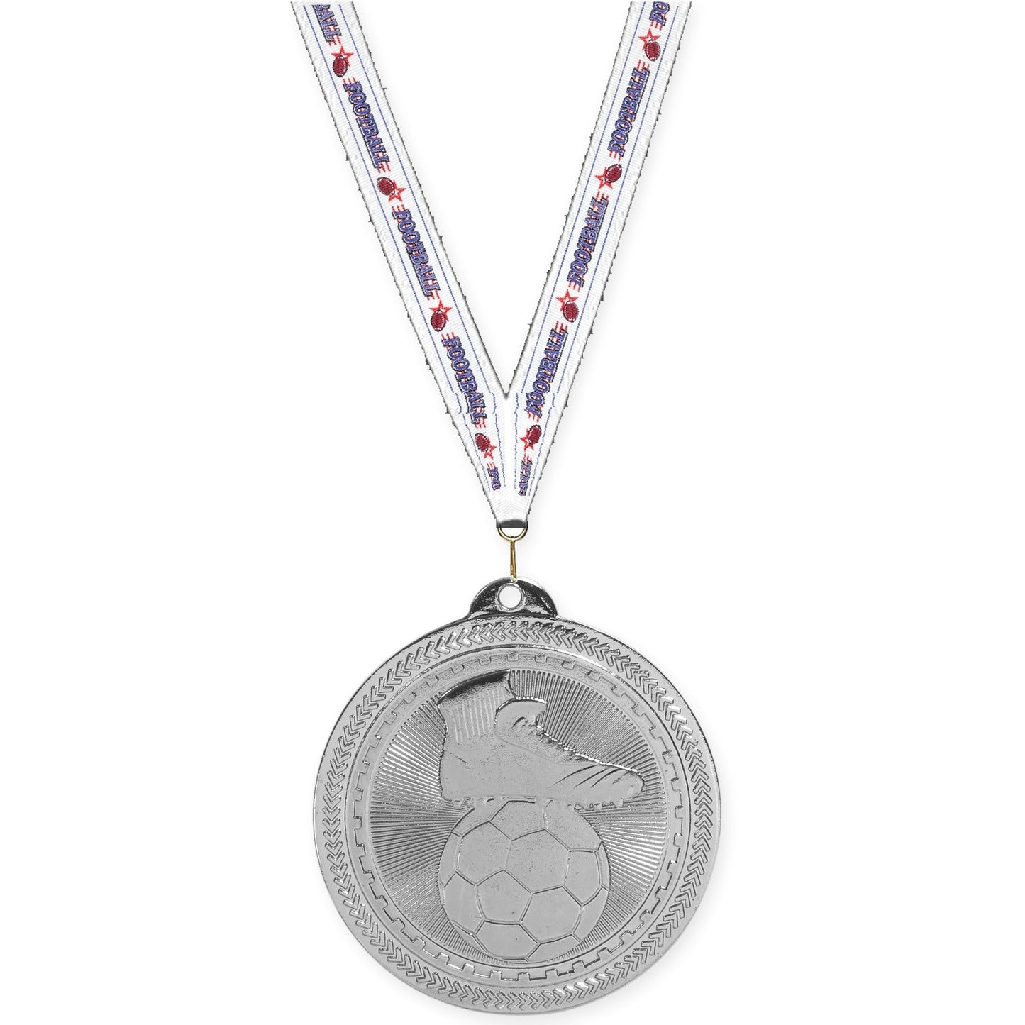 2 inch soccer medal in bright silver with Football neck ribbon