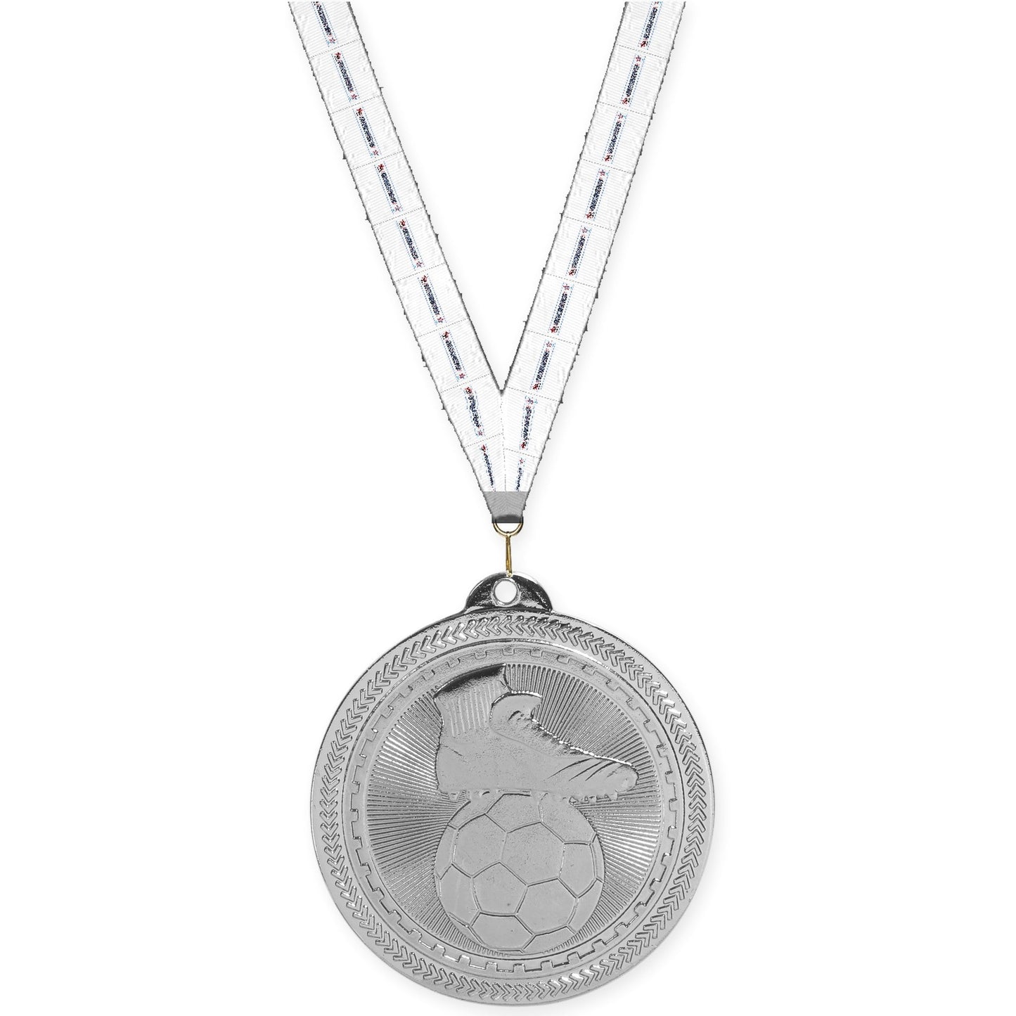 2 inch soccer medal in bright silver with Gymnastics neck ribbon