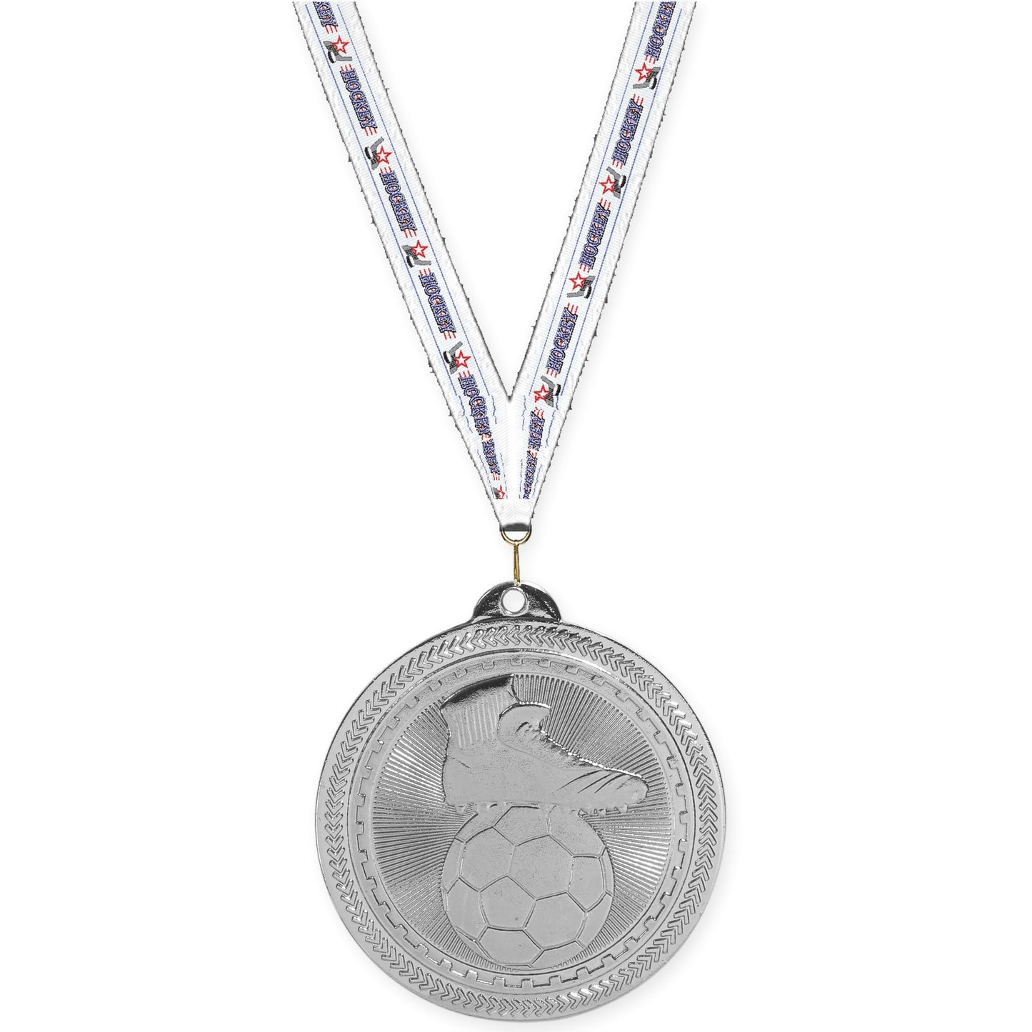 2 inch soccer medal in bright silver with Hockey neck ribbon