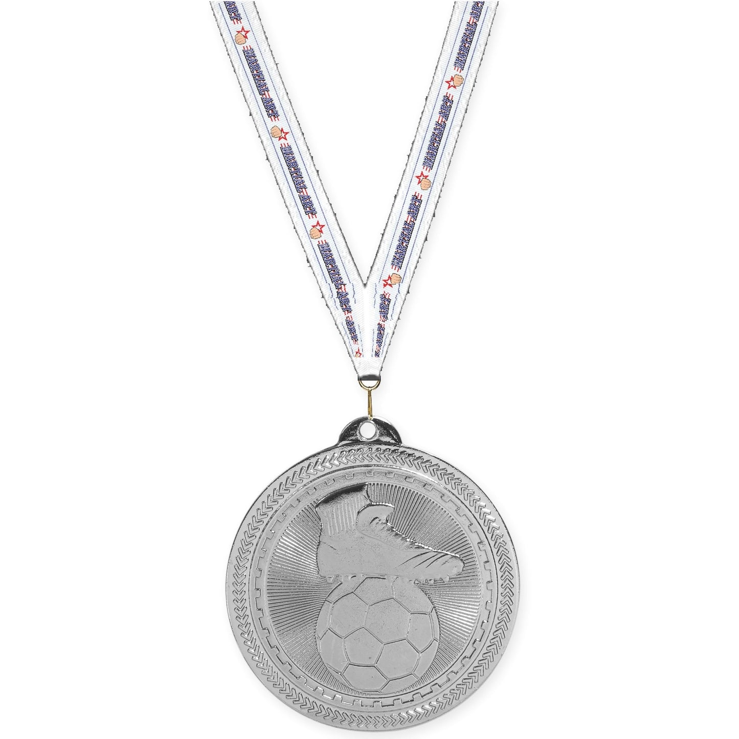 2 inch soccer medal in bright silver with Martial Arts neck ribbon