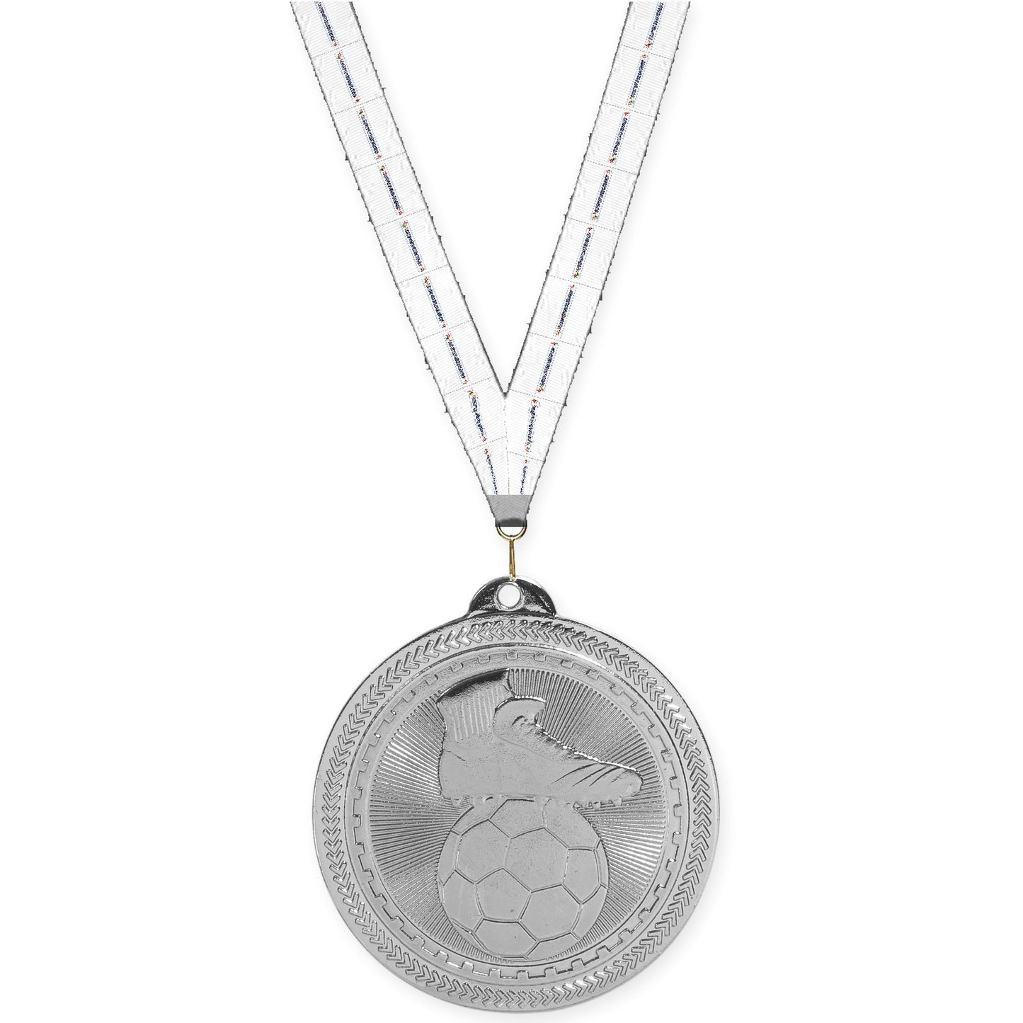 2 inch soccer medal in bright silver with Lamp Of Knowledge neck ribbon