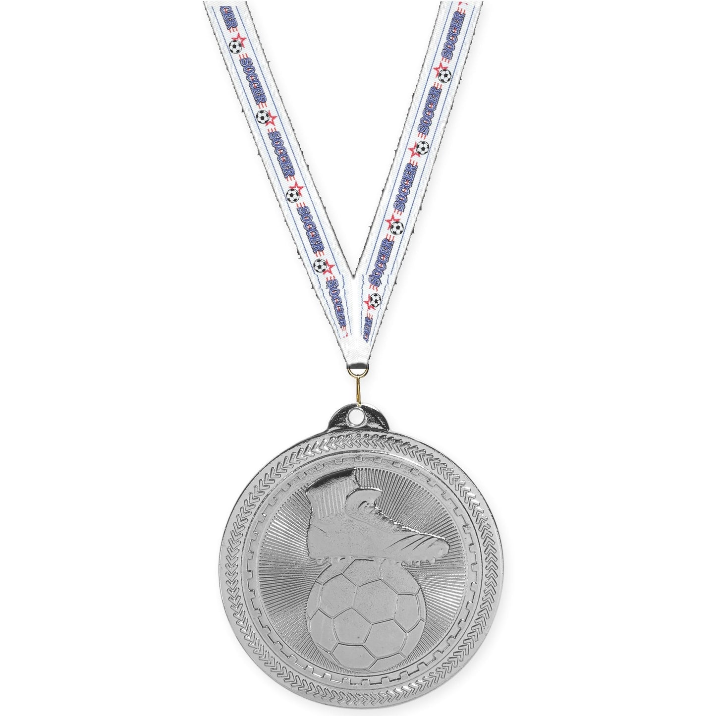 2 inch soccer medal in bright silver with Soccer neck ribbon