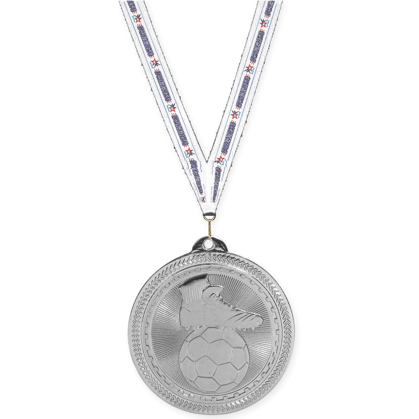2 inch soccer medal in bright silver with Swimming neck ribbon