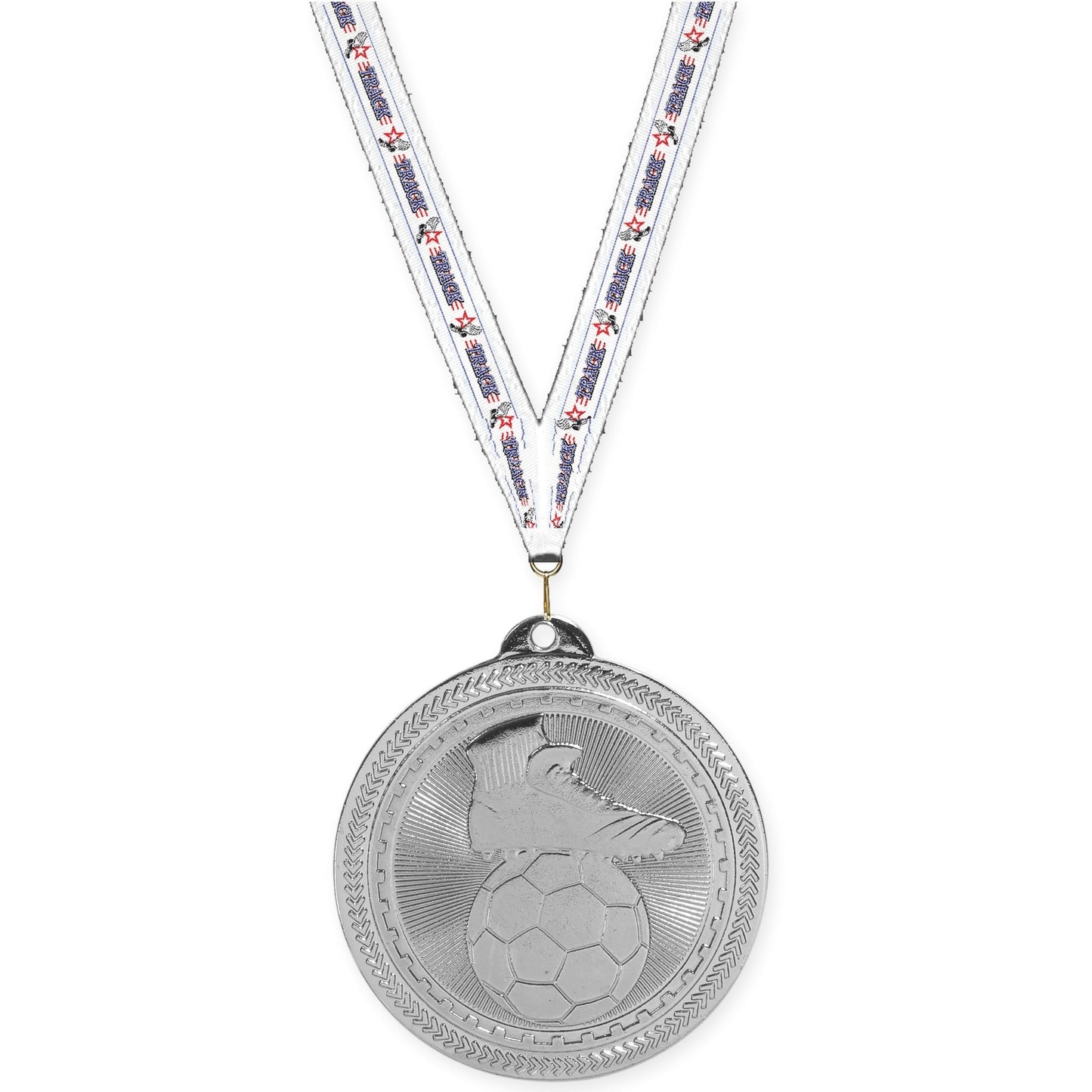 2 inch soccer medal in bright silver with Track neck ribbon