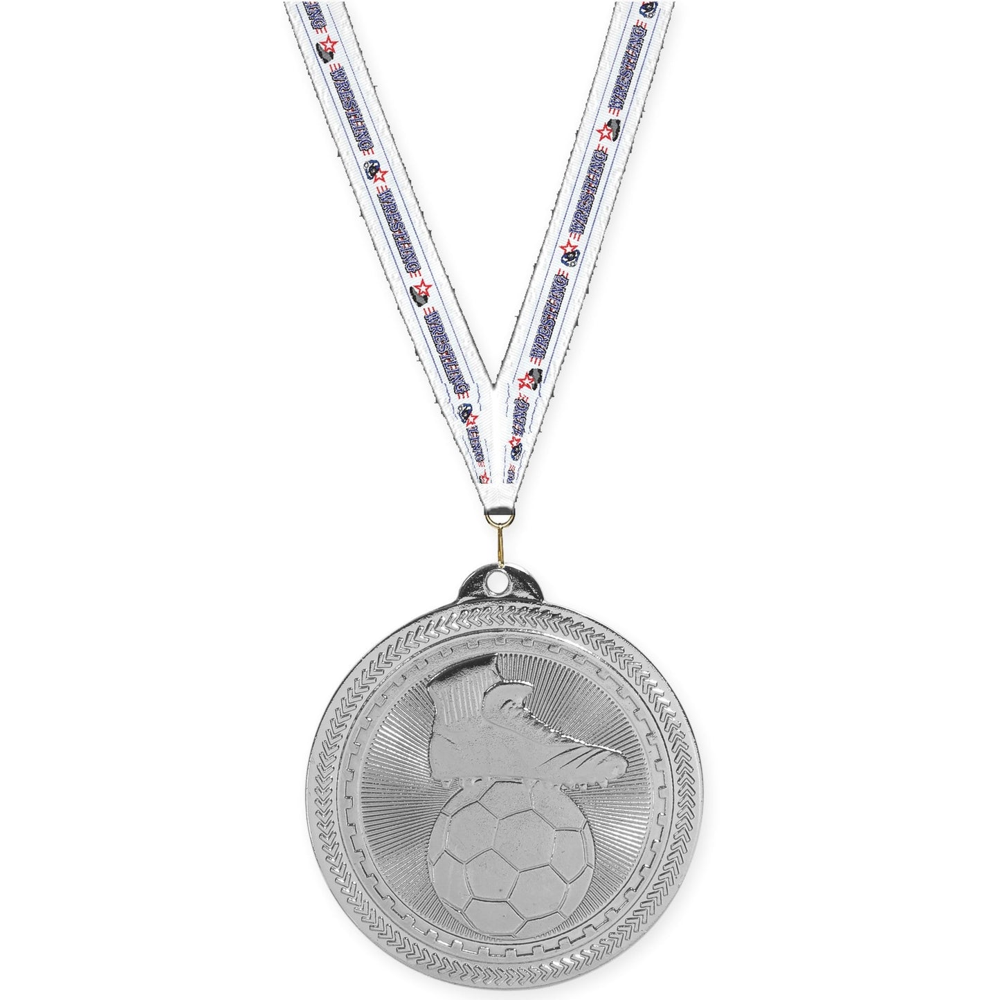 2 inch soccer medal in bright silver with Wrestling neck ribbon