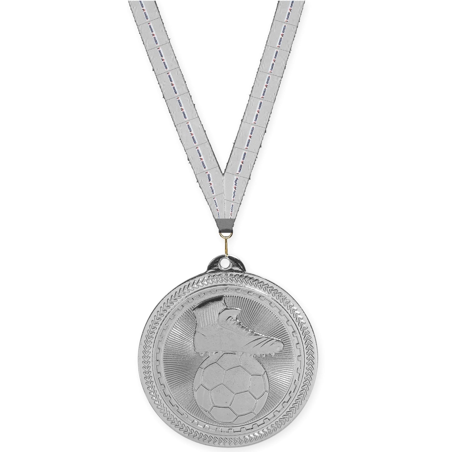 2 inch soccer medal in bright silver with Auto Racing neck ribbon