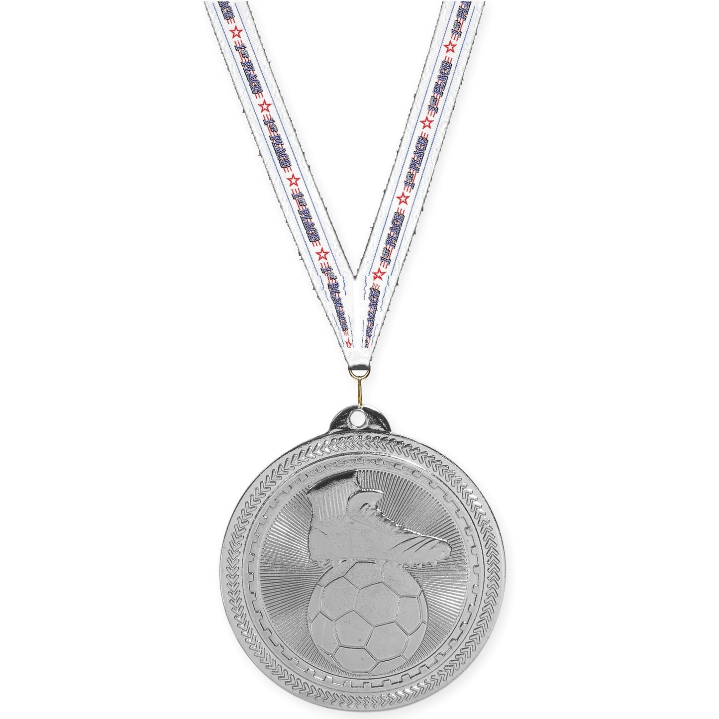 2 inch soccer medal in bright silver with 1st Place neck ribbon
