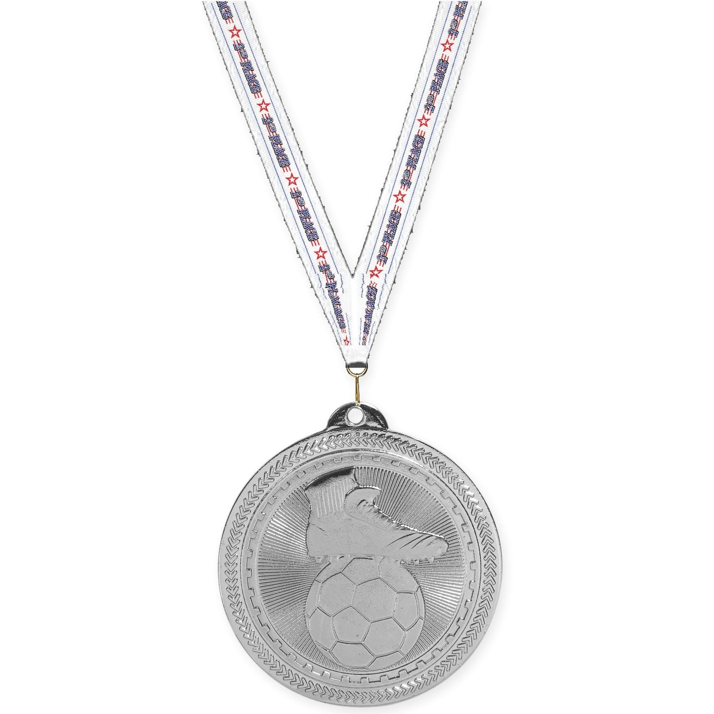 2 inch soccer medal in bright silver with 2nd Place neck ribbon