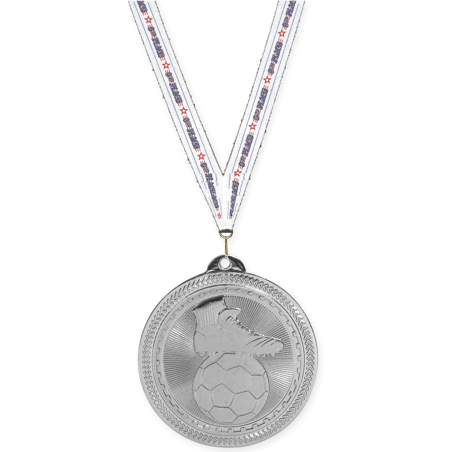 2 inch soccer medal in bright silver with 3rd Place neck ribbon