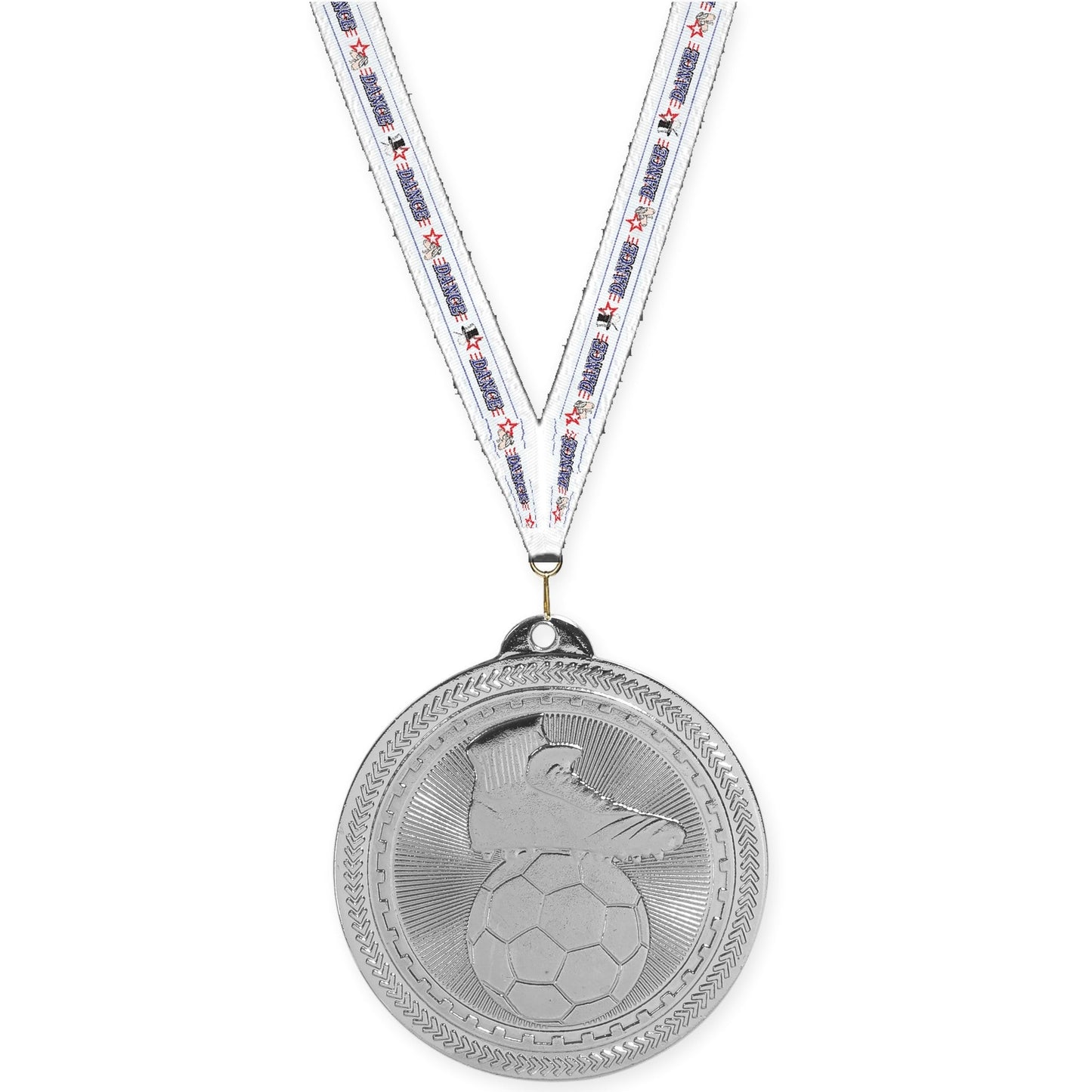 2 inch soccer medal in bright silver with Dance neck ribbon