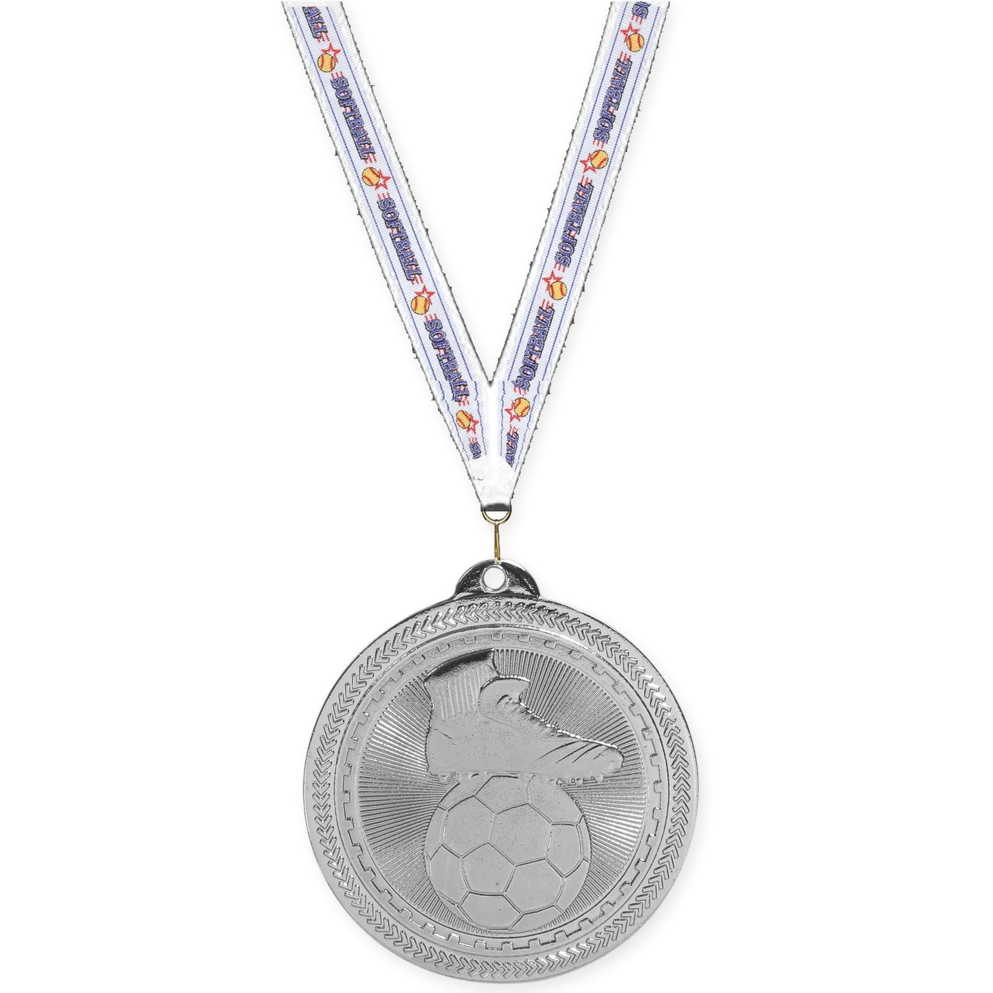 2 inch soccer medal in bright silver with Softball neck ribbon