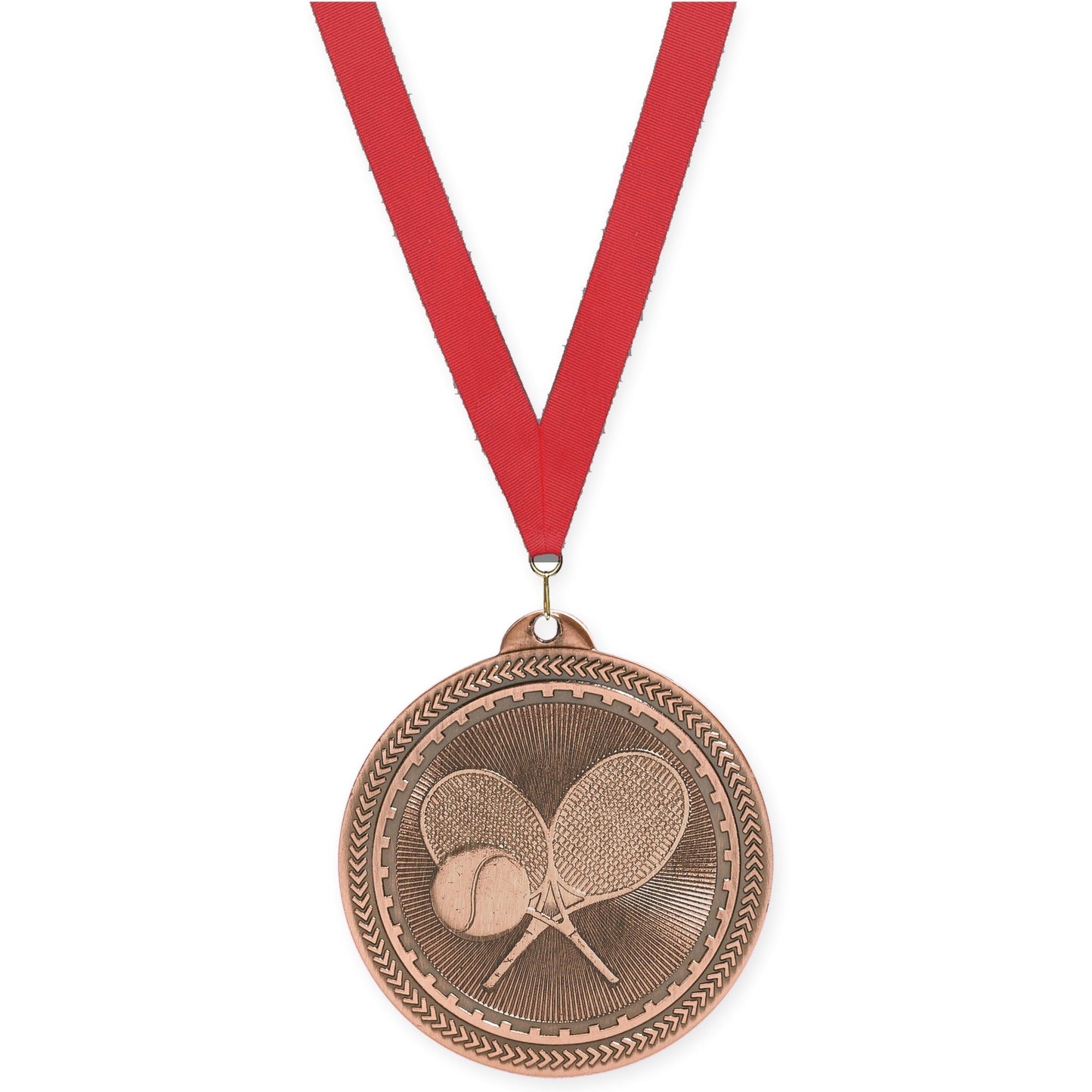 2 inch tennis Sunburst medal in antique bronze with Red neck ribbon