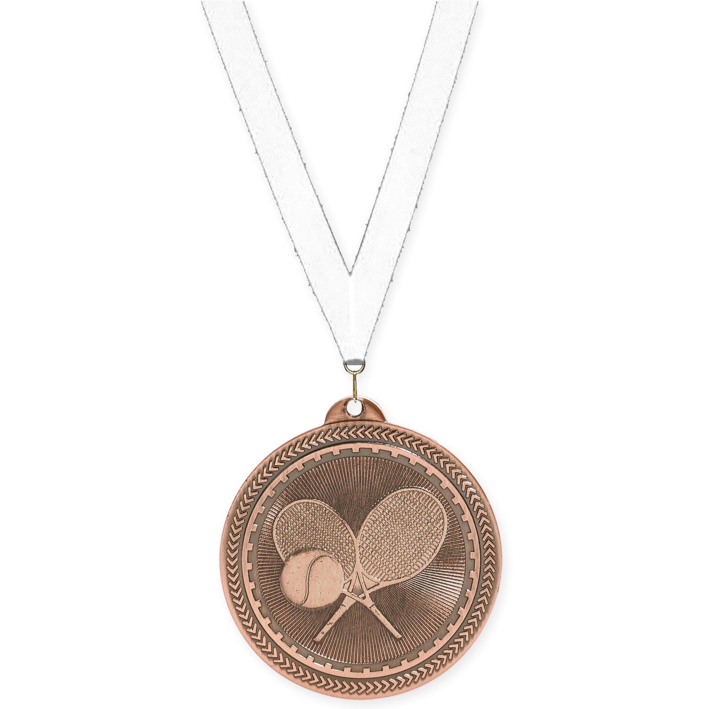 2 inch tennis Sunburst medal in antique bronze with White neck ribbon