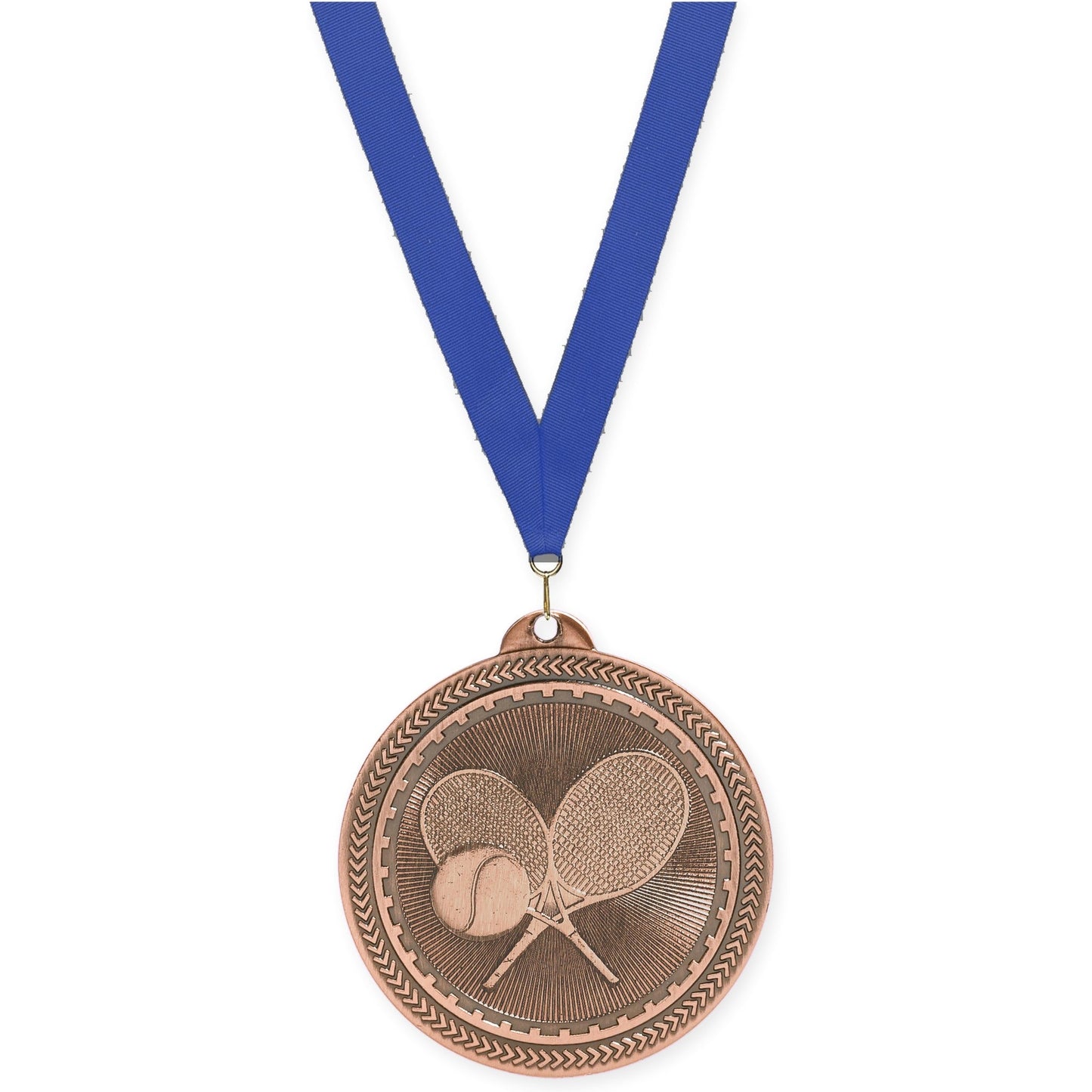 2 inch tennis Sunburst medal in antique bronze with Blue neck ribbon