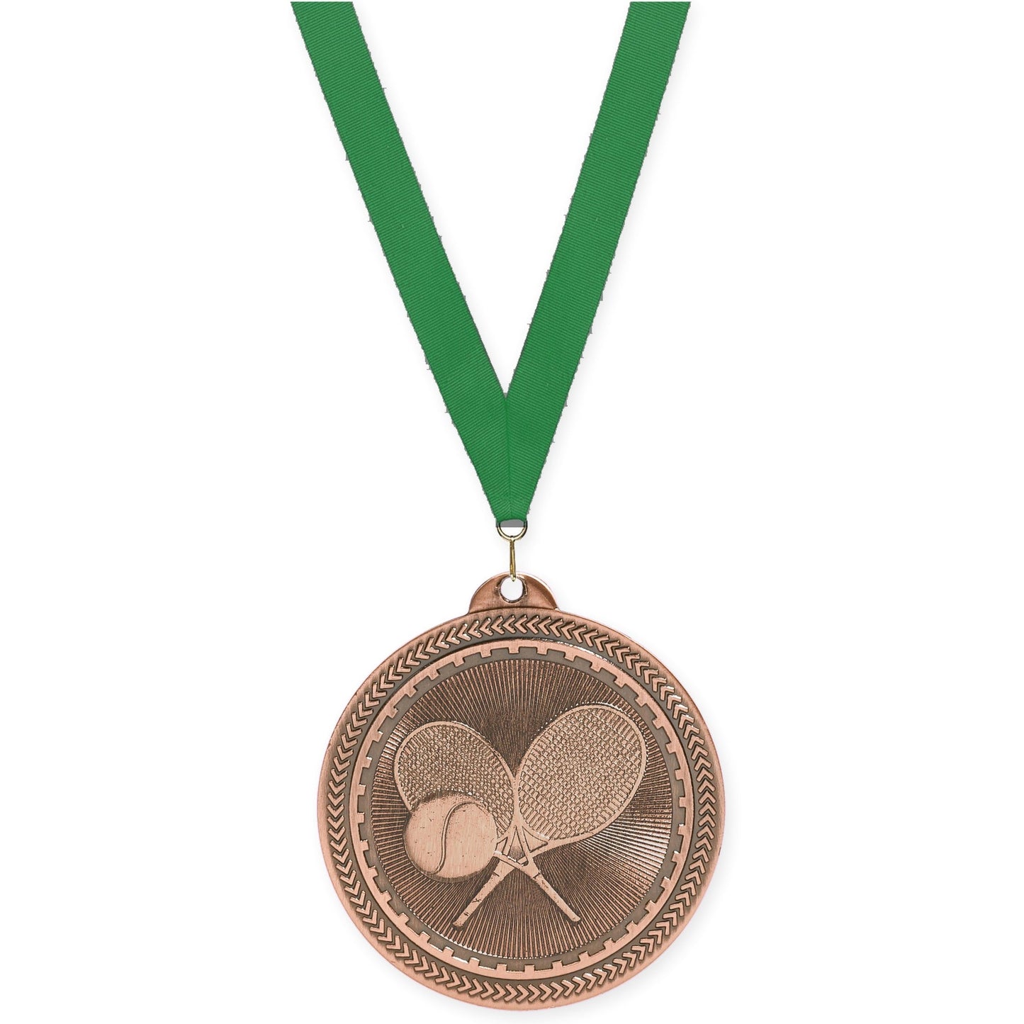 2 inch tennis Sunburst medal in antique bronze with Green neck ribbon