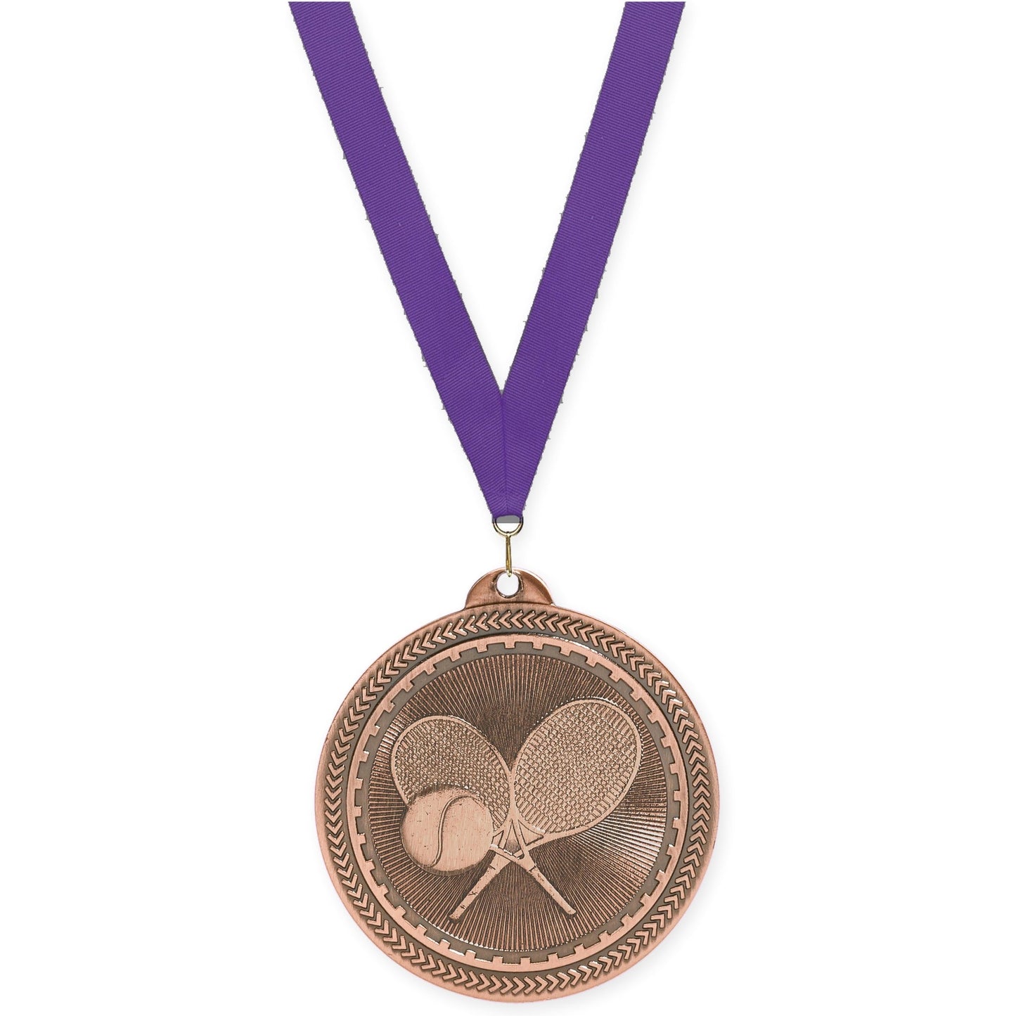 2 inch tennis Sunburst medal in antique bronze with Purple neck ribbon