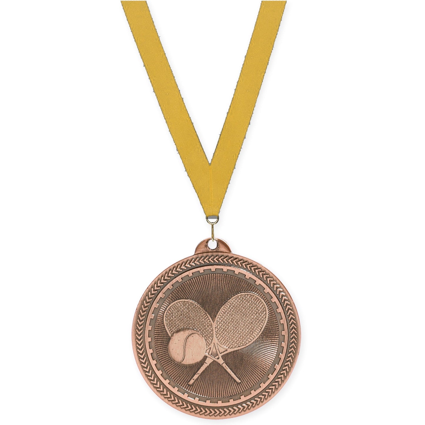 2 inch tennis Sunburst medal in antique bronze with Gold neck ribbon