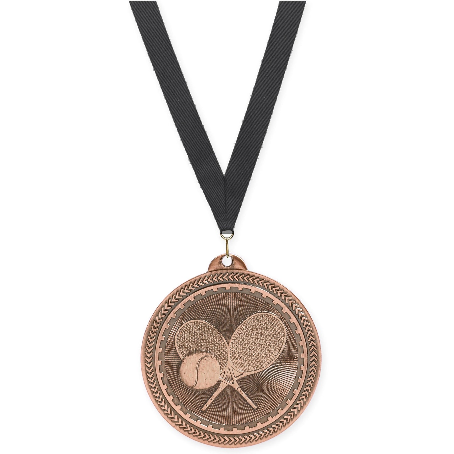 2 inch tennis Sunburst medal in antique bronze with Black neck ribbon