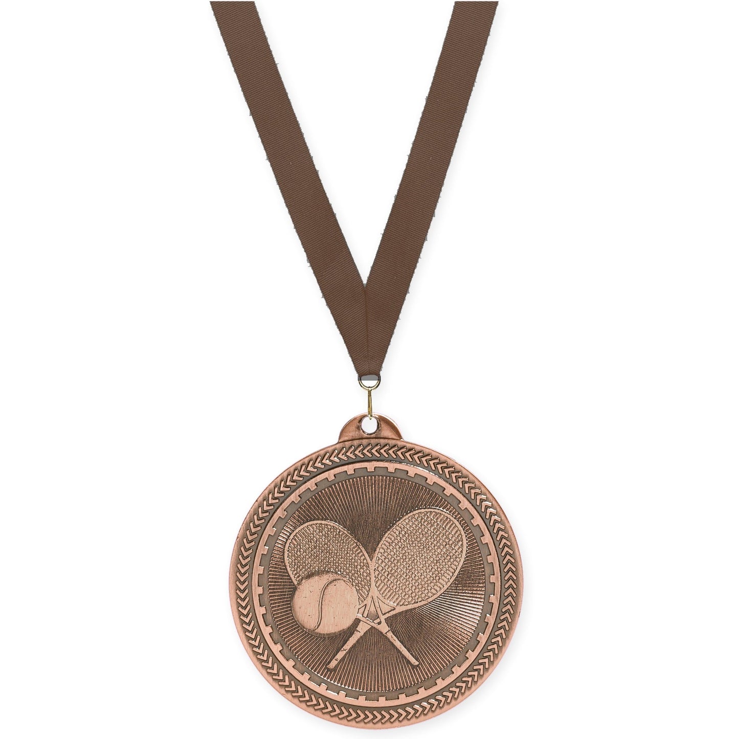 2 inch tennis Sunburst medal in antique bronze with Brown neck ribbon