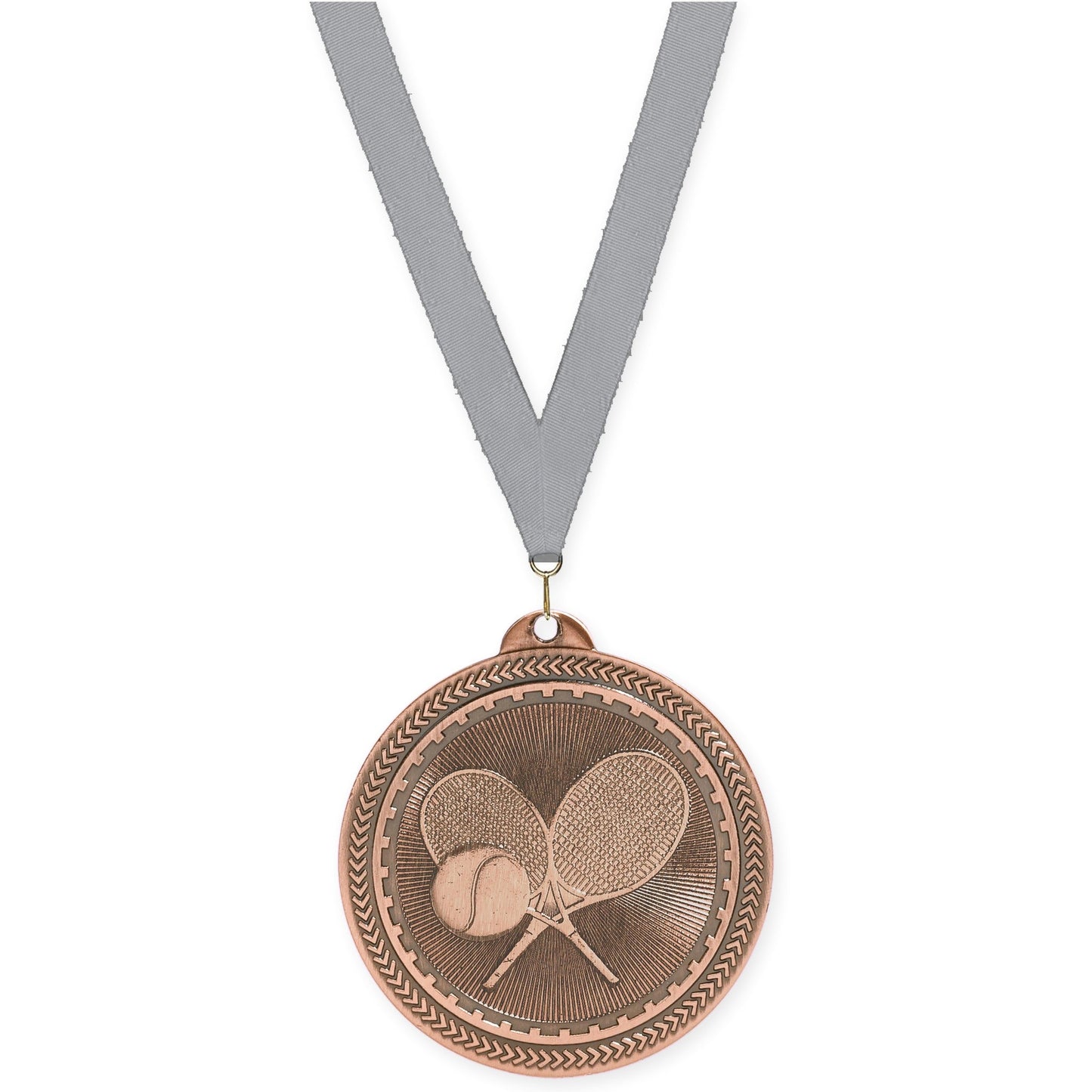 2 inch tennis Sunburst medal in antique bronze with Gray neck ribbon