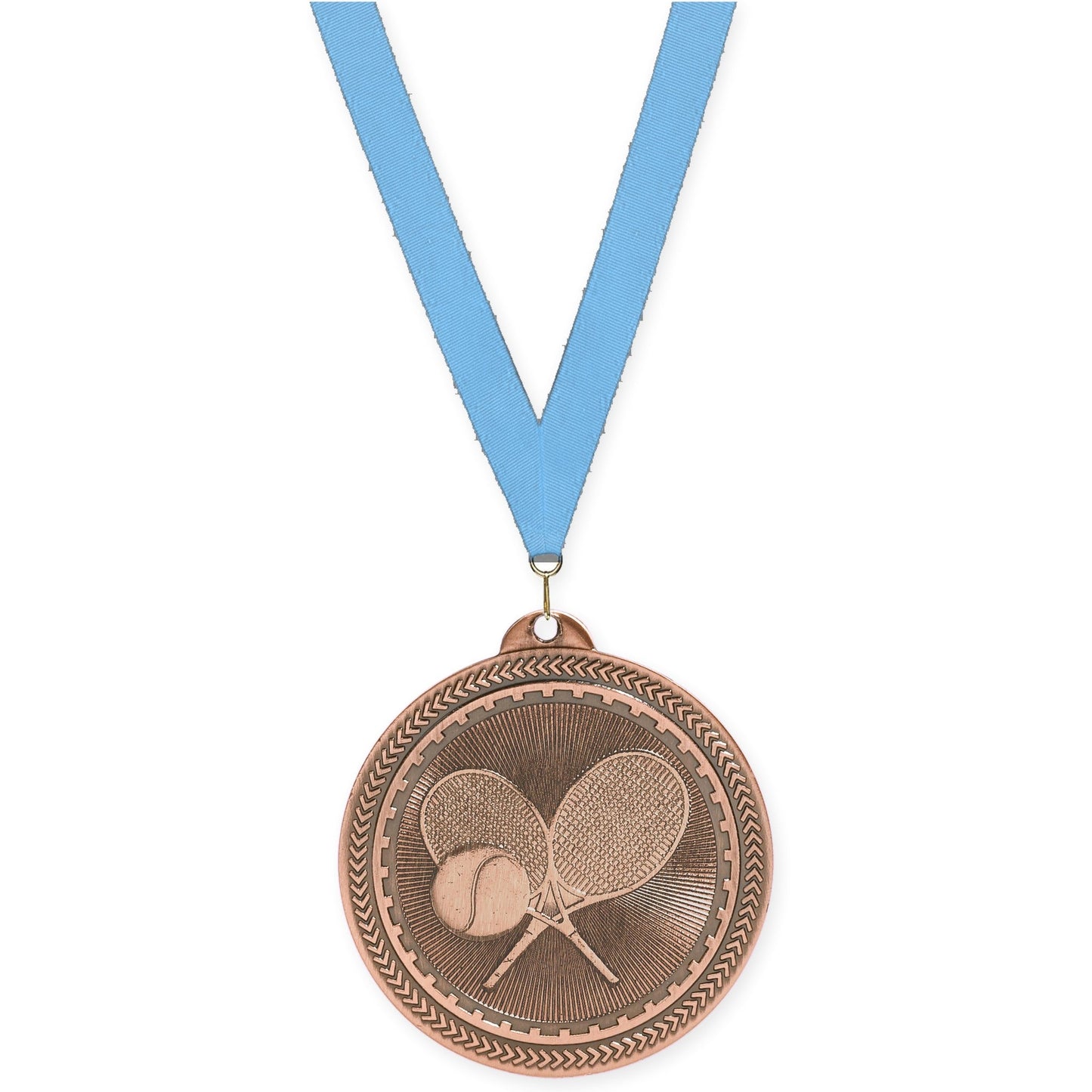 2 inch tennis Sunburst medal in antique bronze with Light Blue neck ribbon
