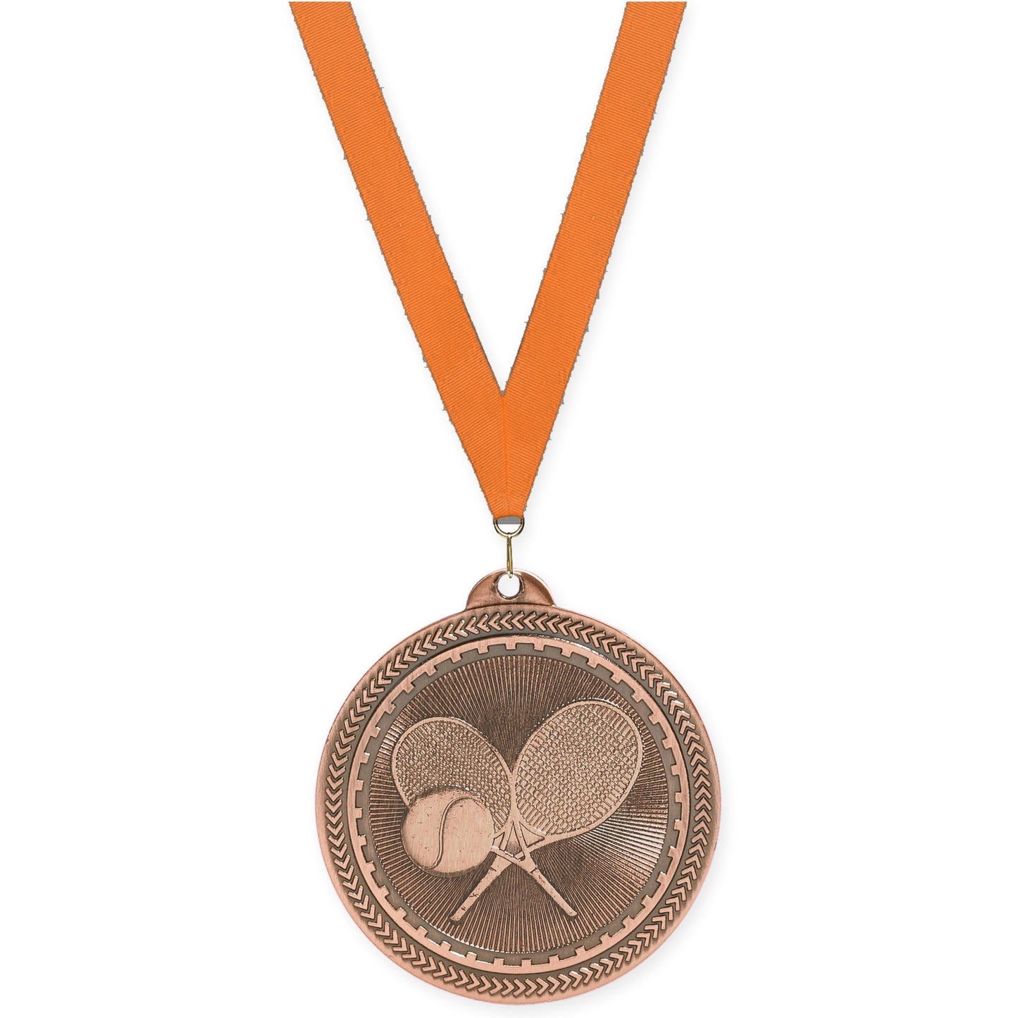 2 inch tennis Sunburst medal in antique bronze with Orange neck ribbon